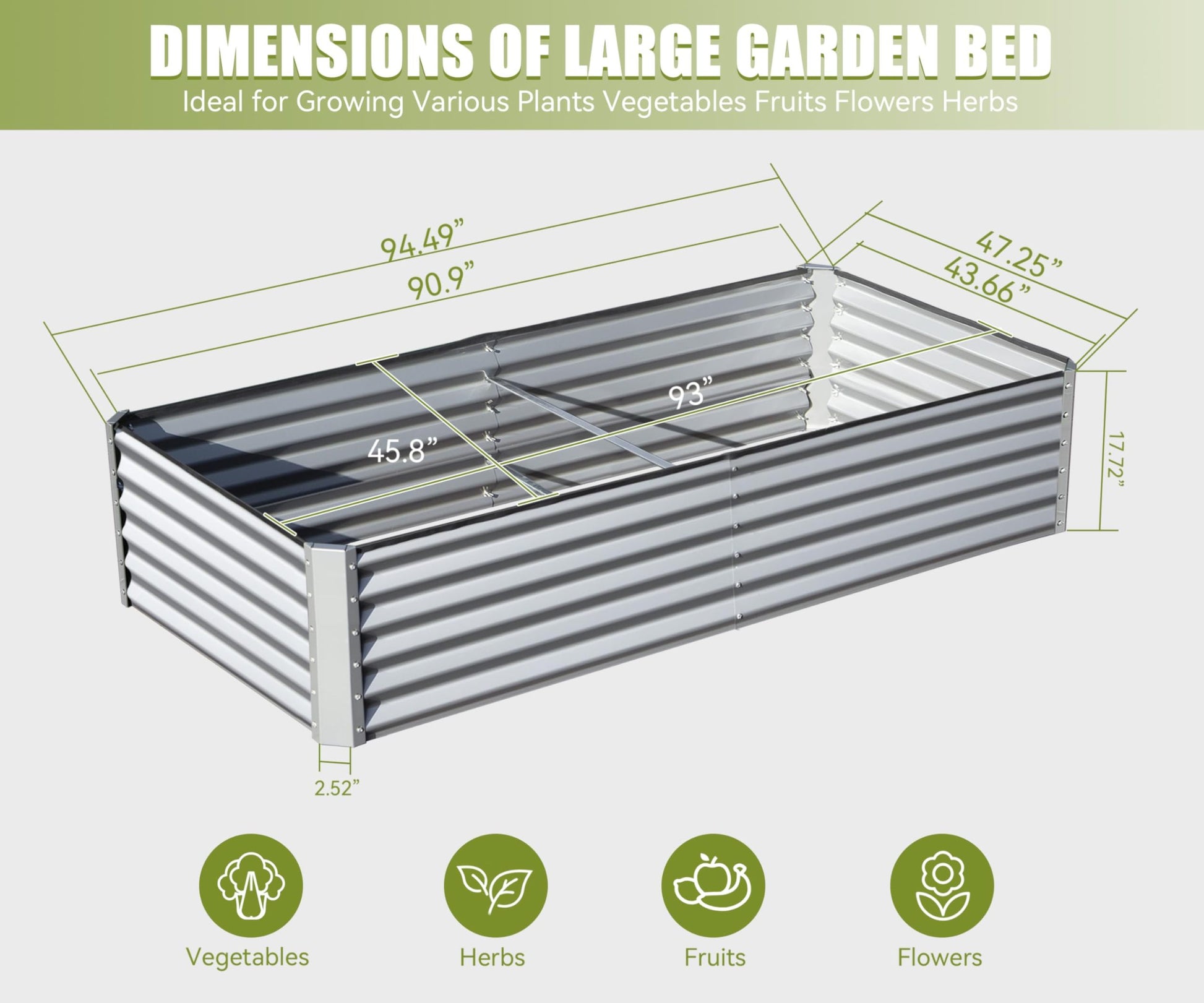 8X4X1.5 Ft Galvanized Raised Garden Bed, Outdoor Planter Garden Boxes Large Metal Planter Box For Gardening Vegetables Fruits Flowers, Silver Silver Garden & Outdoor Steel