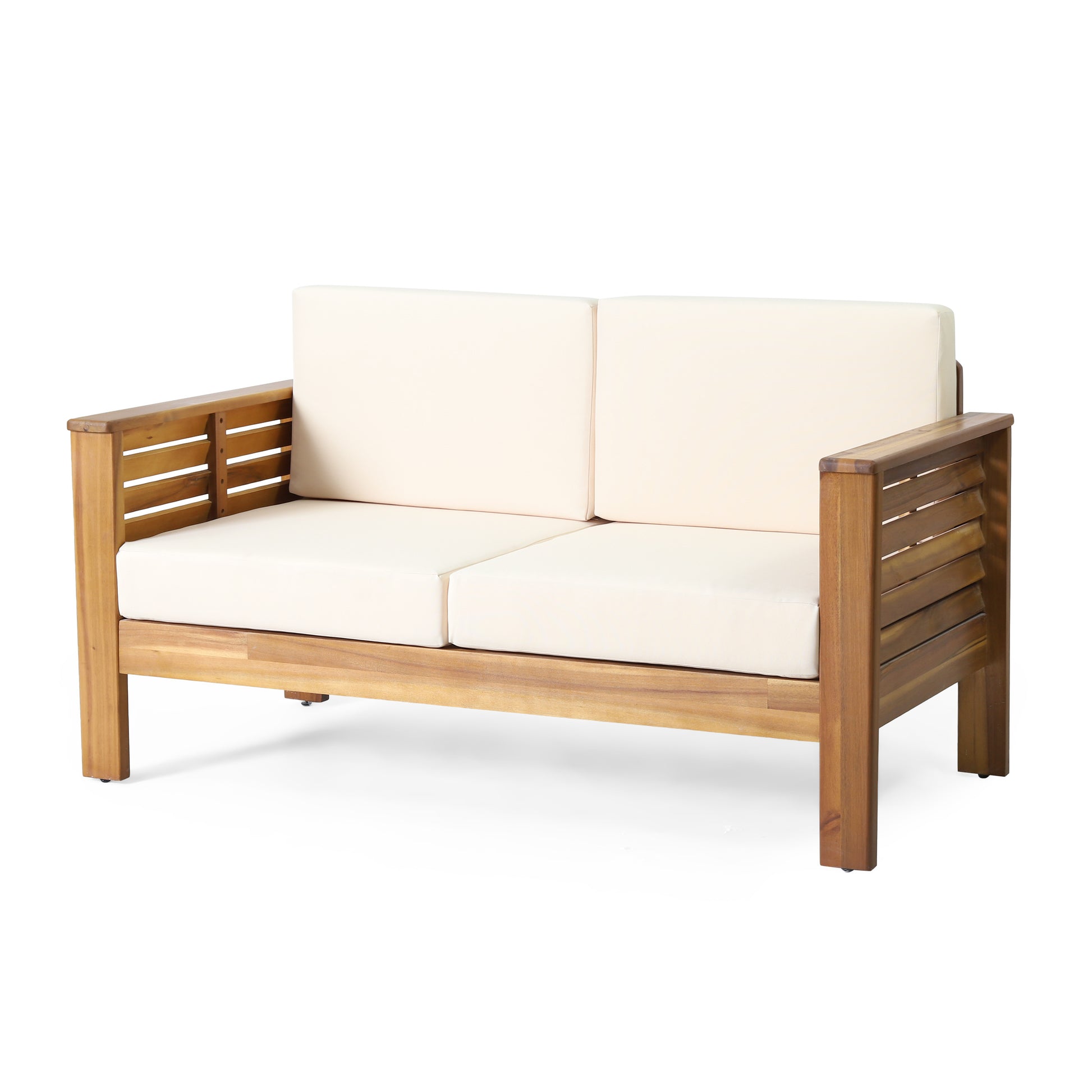 Teak Acacia Wood Loveseat And Coffee Table Set With Cream Cushions Yes Brown Seats 2 Foam Acacia Wood