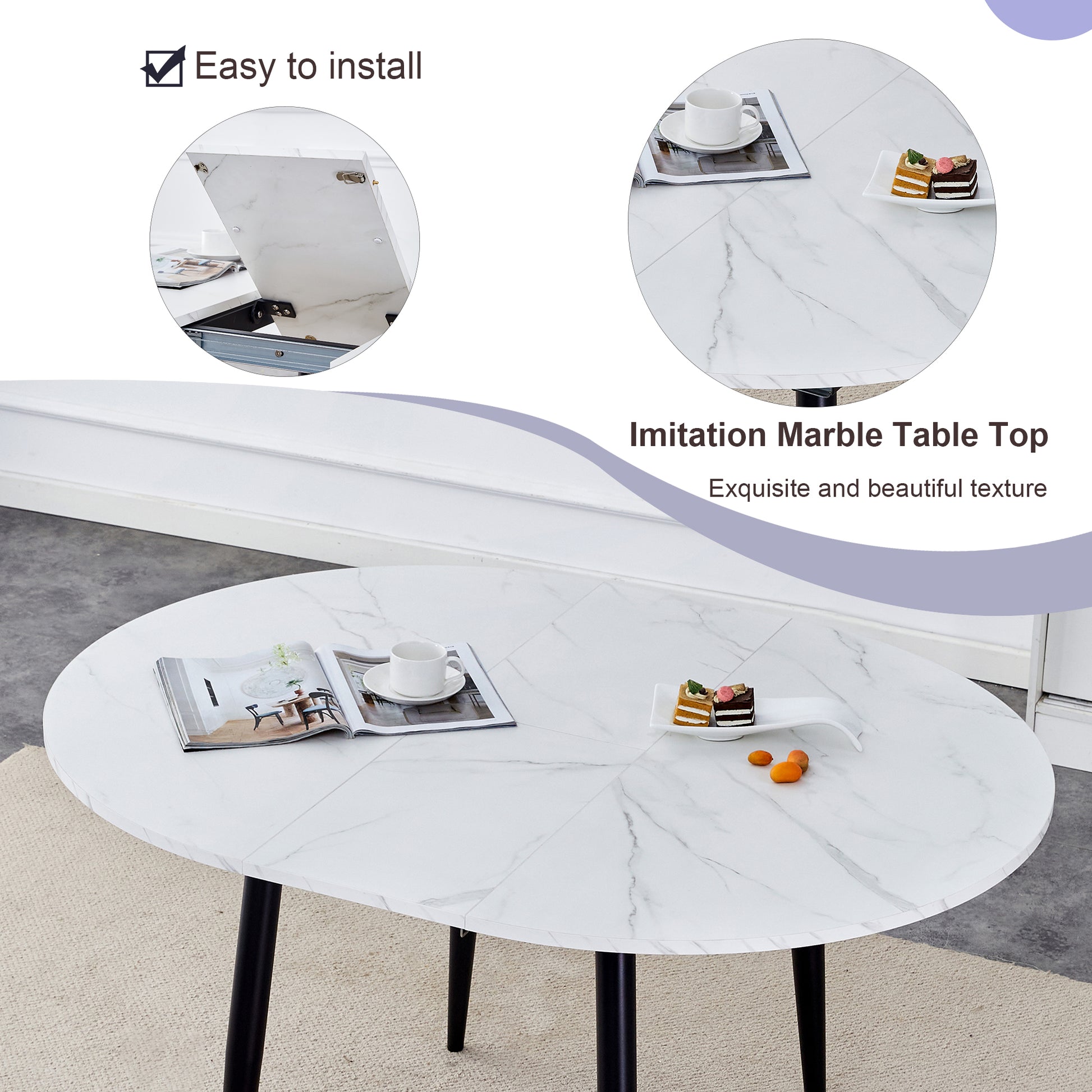 Table And Chair Set.Modern Extendable Mdf Dining Table.The Table Has A Telescopic Design, Suitable For Gatherings Of Different Size.Paried With 4 Chairs With Pu Cushions And Black Metal Legs. White Black Seats 4 Mdf Metal