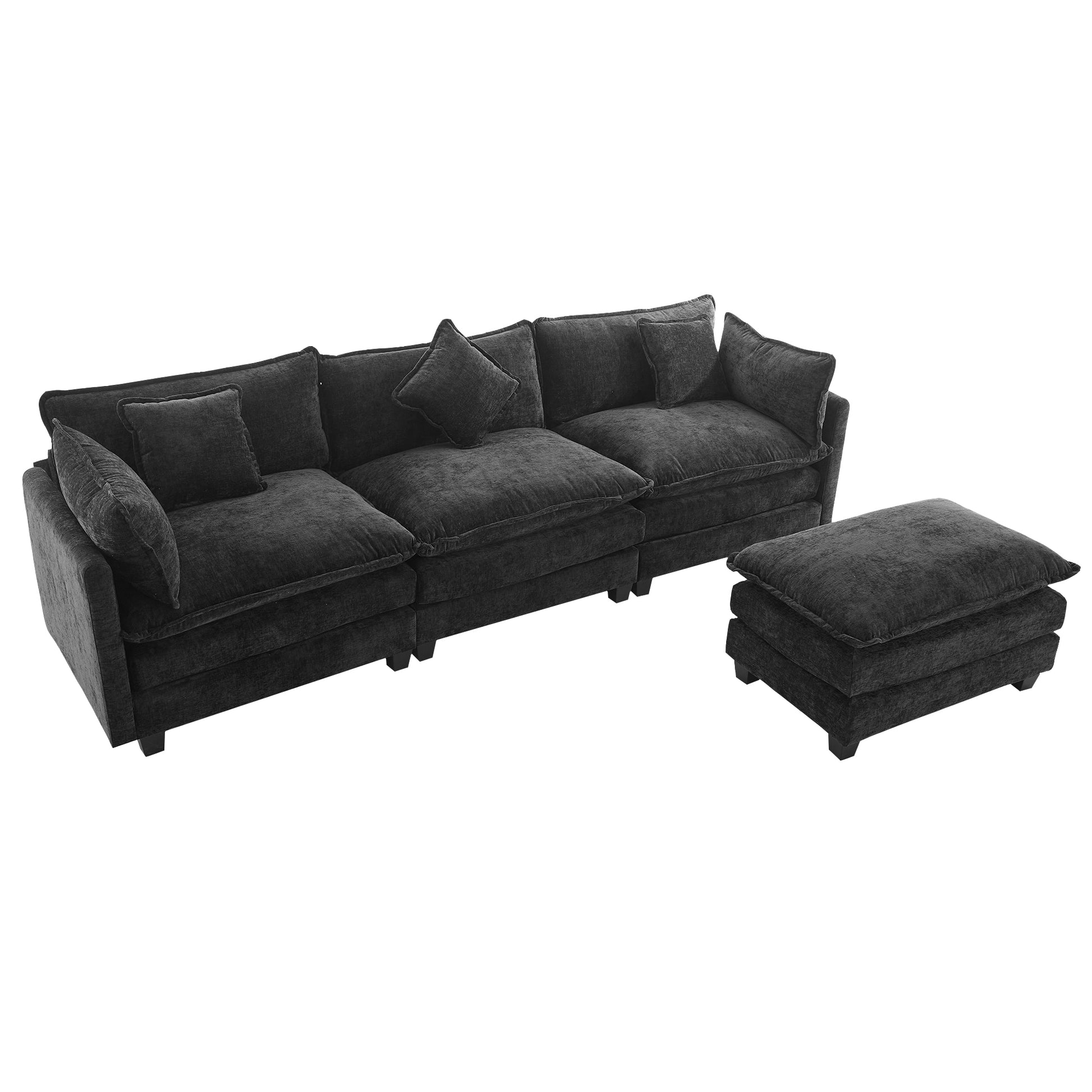 112.2" L Shape Chenille Upholstered Sofa For Living Room Modern Luxury Sofa Couch With Ottoman And 5 Pillows For Living Room Sg001160Aa , Black Black Foam 4 Seat