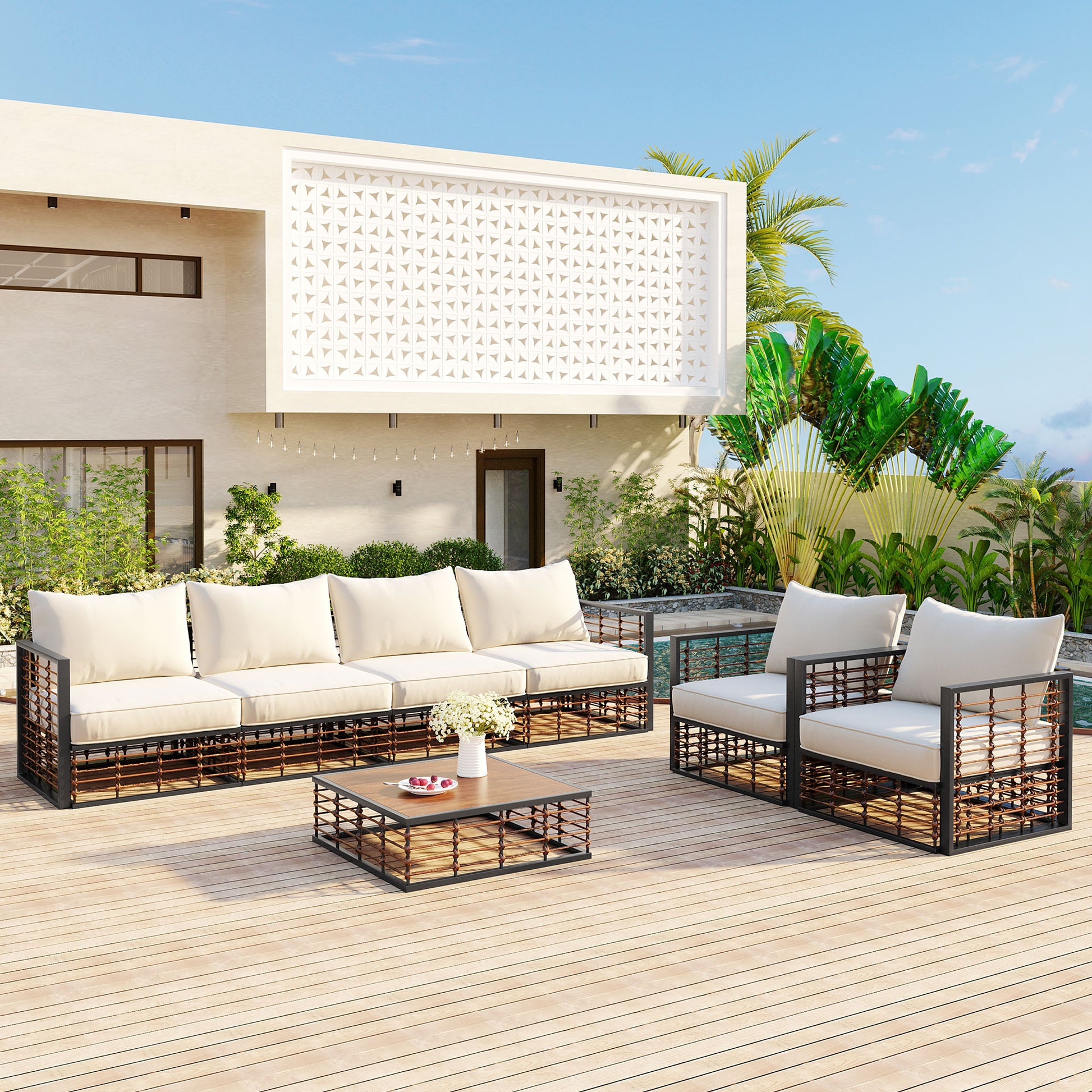 Modern Minimalist 7 Piece Metal Patio Sectional Sofa Set, All Weather Garden Conversational Furniture Set With Thick Cushions And Coffee Table For Indoor Outdoor, Gray Yes Deep Seating White Weather