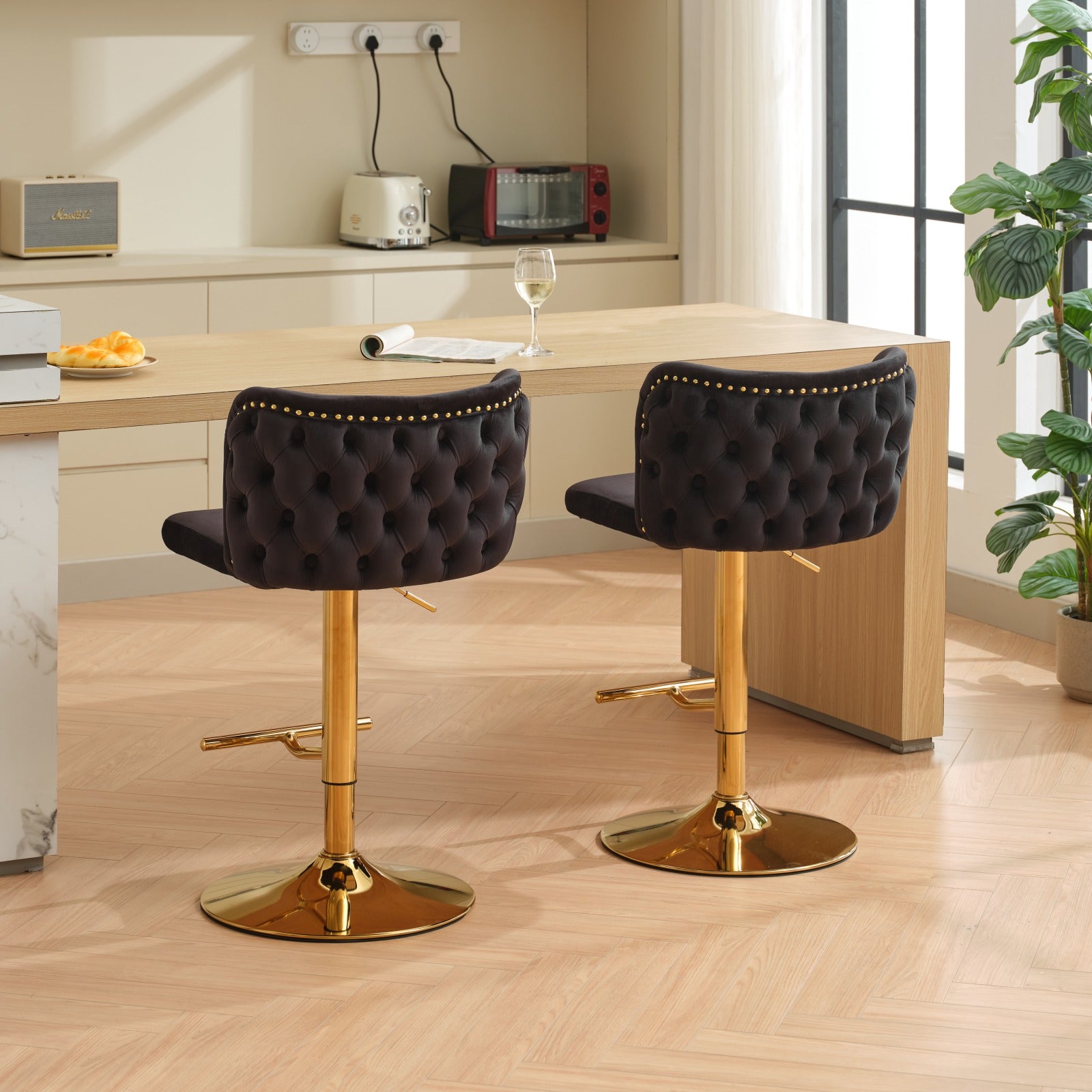 Swivel Barstools Adjusatble Seat Height With Gold Plating Base, Classic Velvet Upholstered Bar Stools With The Whole Back Tufted, For Home Pub And Kitchen Island,Black,Set Of 2 Black American Design Bar Stools Set Of 2 Foam Velvet