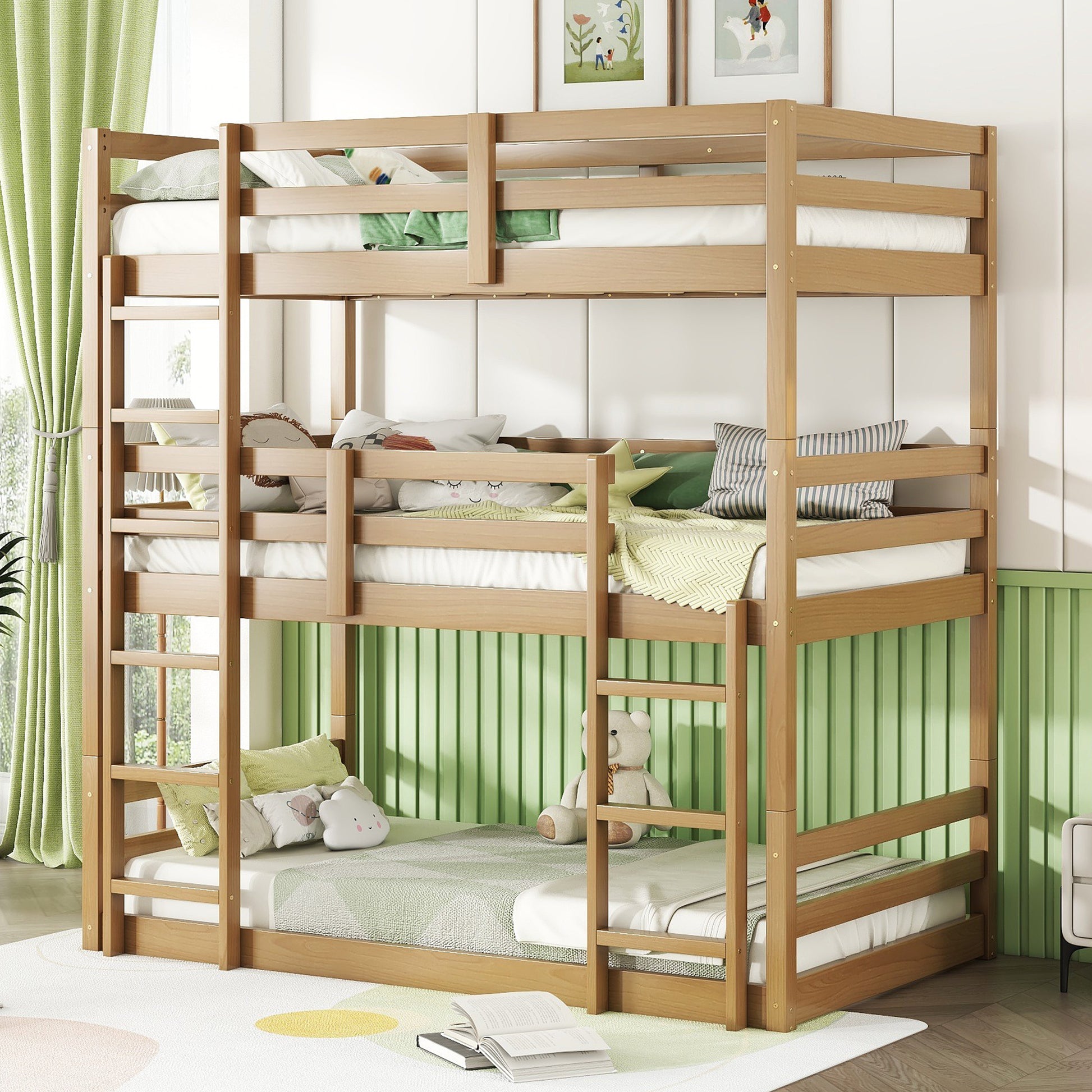 Triple Rubber Wood Bunk Bed With Two Built In Ladders, Guardrails, Twin Over Twin Over Twin, Detachable Triple Twin Bunk Bed,White Oak Twin White Oak Bedroom American Design Bed Frame Rubber Wood