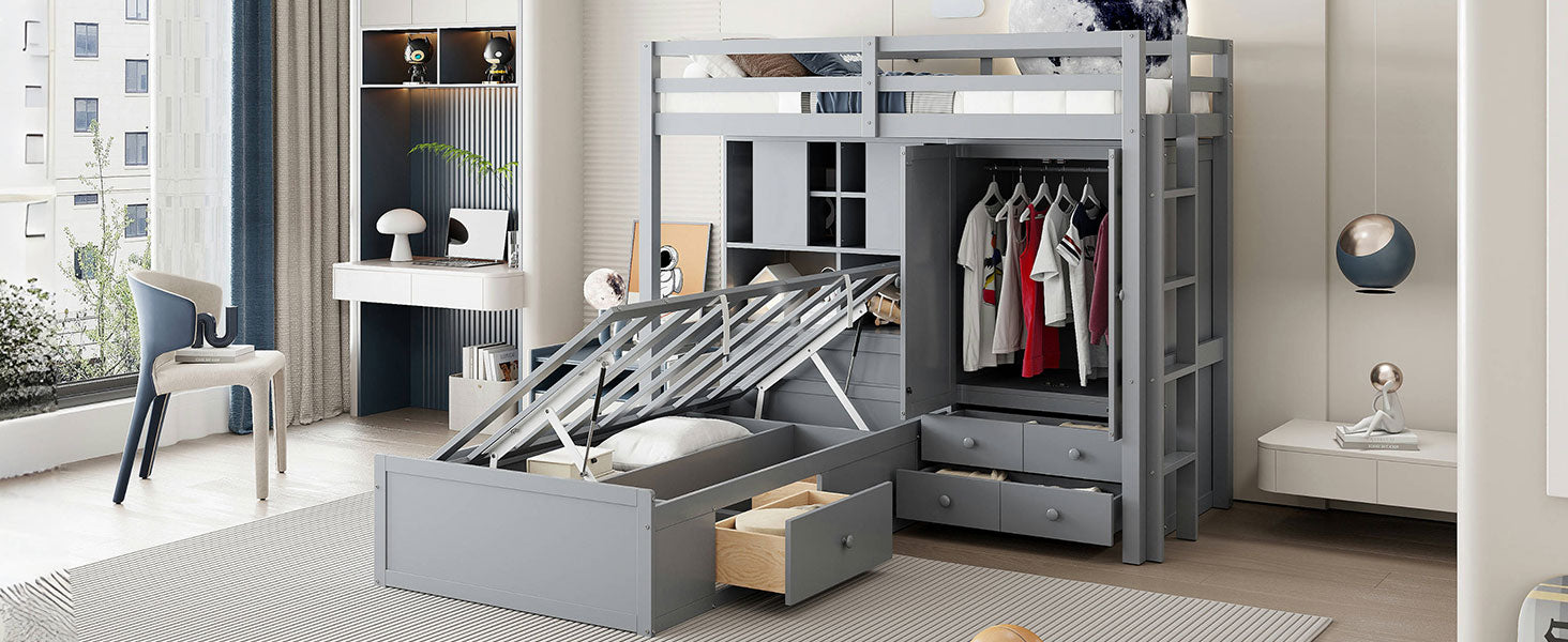 Twin Bunk Bed With Drawers, Wardrobe, Storage Shelves And Hydraulic Bed,Grey Grey Mdf Lvl