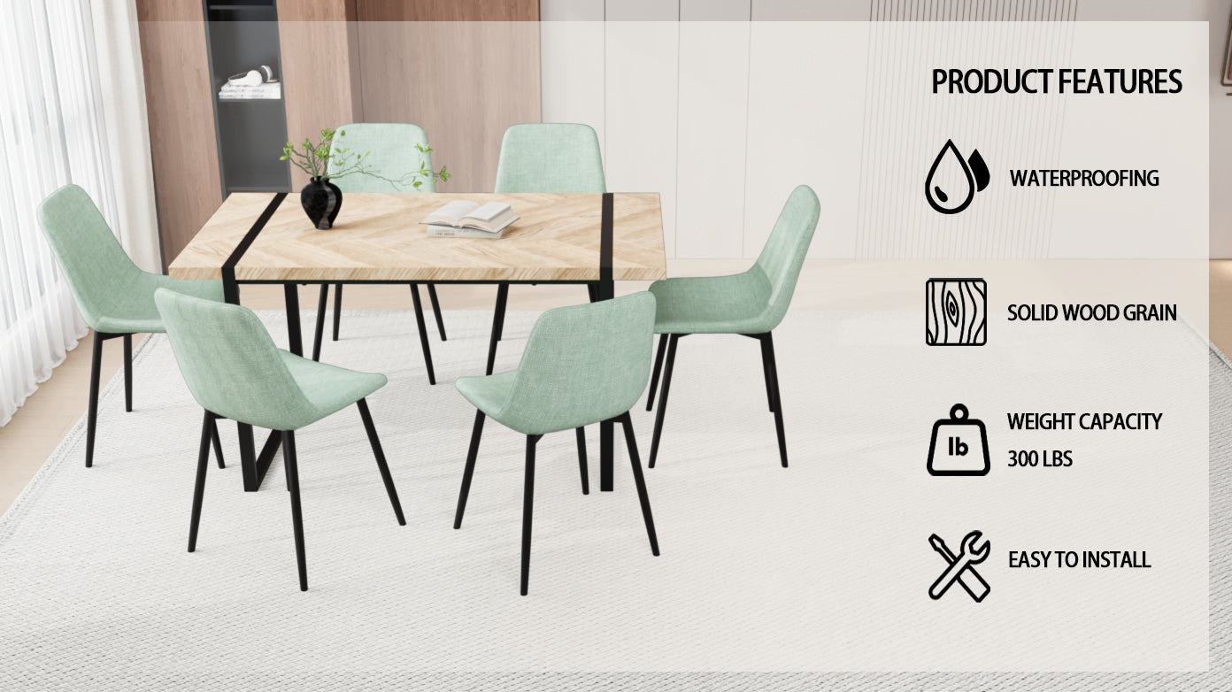 59" Mdf Light Wood Dining Table And Modern Dining Chair 8 Piece Set, Medieval Wooden Kitchen Dining Table Set, Rectangular Metal Base, Dining Table And Suede Chair Green Buy 6 Chairs And Get 2 Free