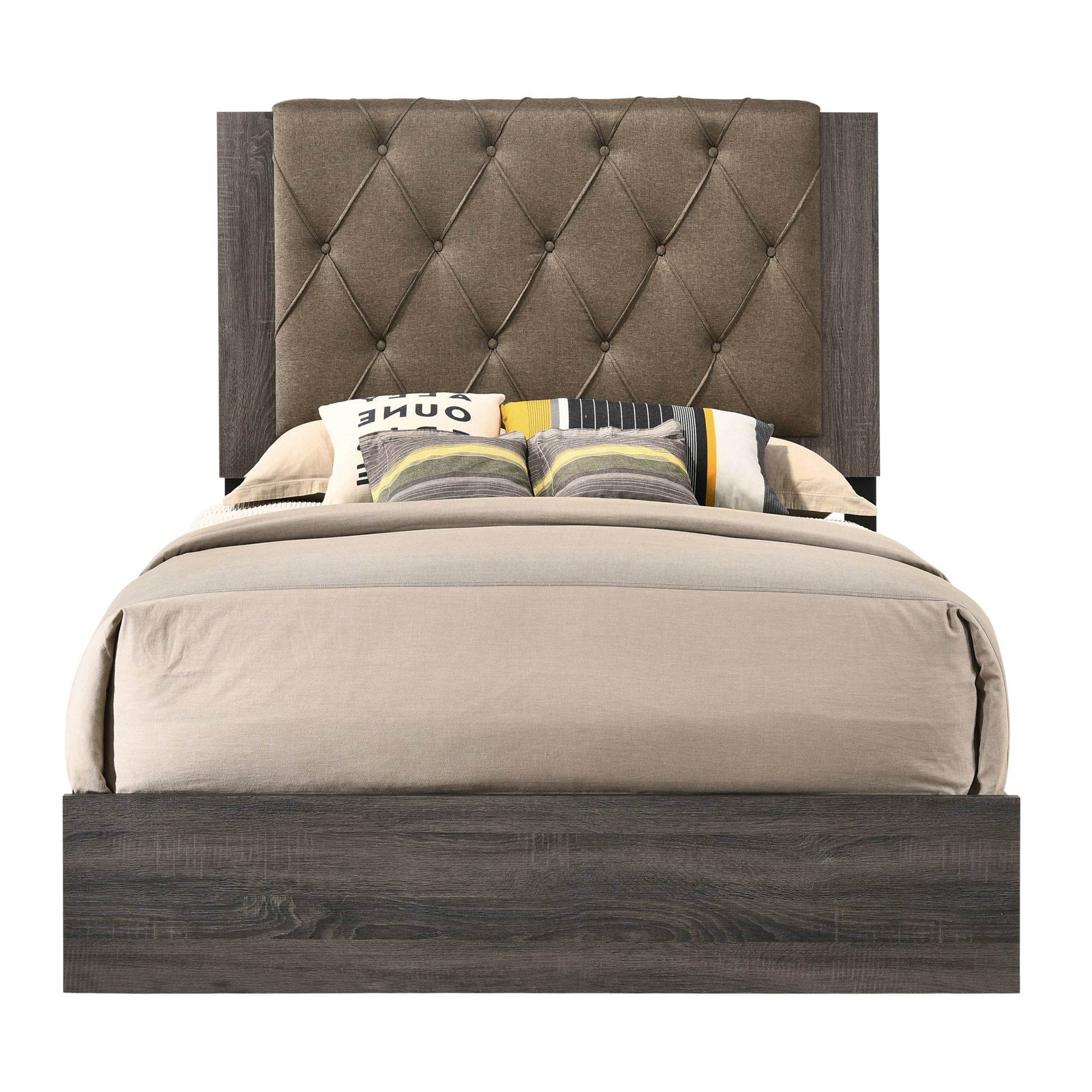 Brown And Rustic Grey Oak Tufted Queen Bed Box Spring Required Queen Brown Wood Bedroom Transitional Panel Wood Fabric