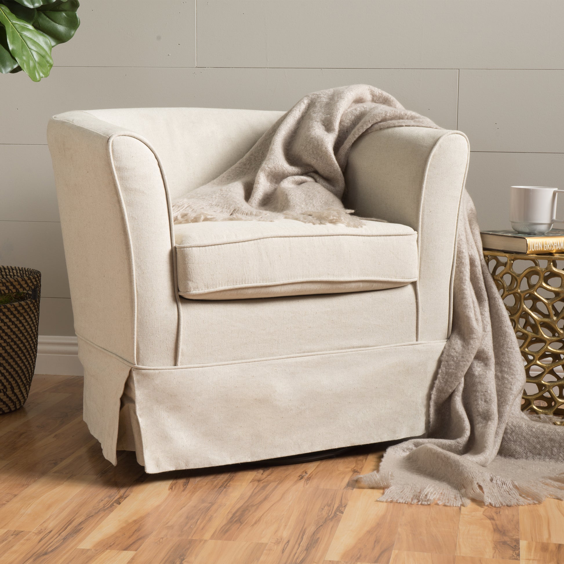 Swivel Chair With Loose Cover Natural Fabric