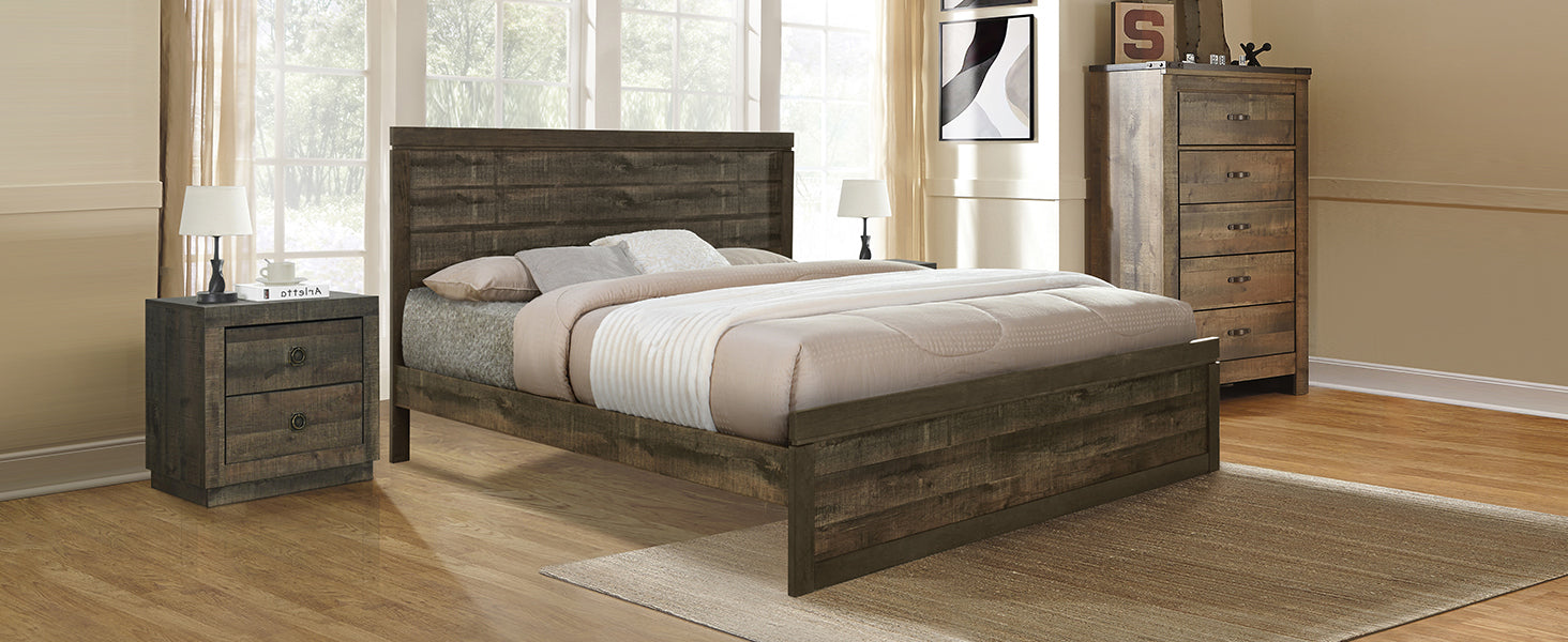 3 Pieces Vintage Farmhouse Style King Size Platform Bed With 10 Wooden Slats Support 2 Nightstands, No Box Spring Needed, Rustic Brown Box Spring Not Required King Rustic Brown Wood 3 Piece Set Bedroom Traditional Plywood