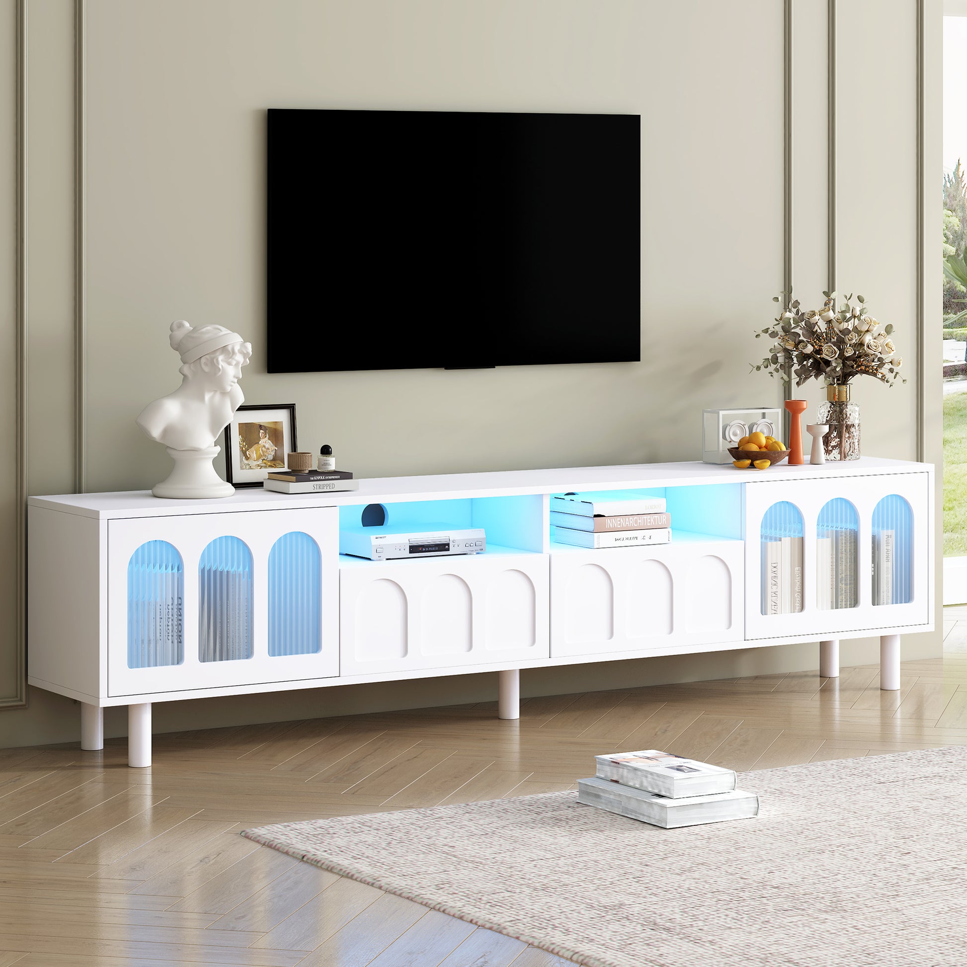 Cream Style Tv Stand With Led Light Strip For Tvs Up To 80'', Graceful Entertainment Center With 5 Solid Wood Legs, Large Storage Media Console With Fluted Tempered Glass Doors, White White 80 89 Inches Particle Board