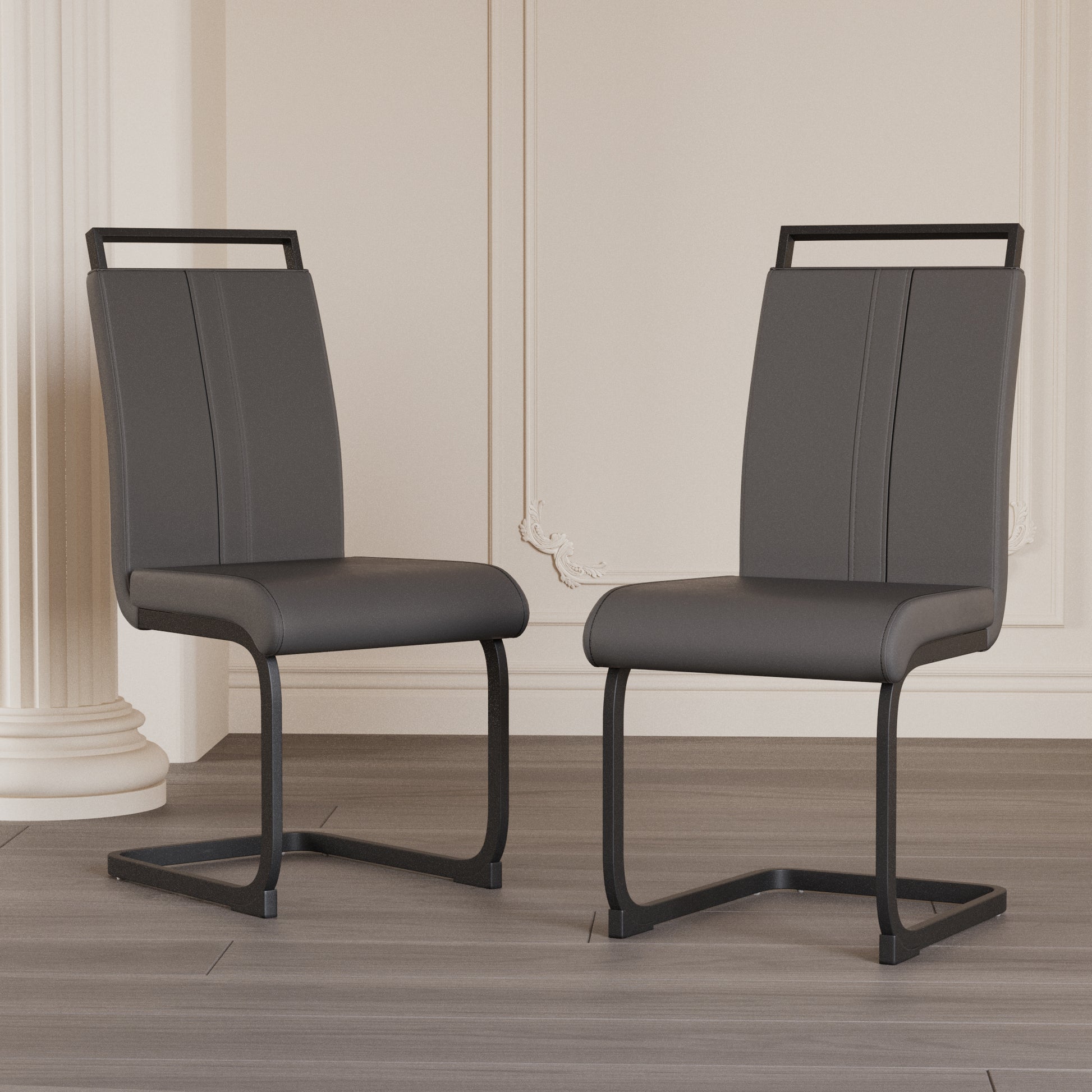 Modern Dining Chairs,Pu Faux Leather High Back Upholstered Side Chair With C Shaped Tube. Black Metal Legs For Dining Room Kitchen Vanity Patio Club Guest Office Chair Set Of 2 Grey Pu Grey Foam Pu