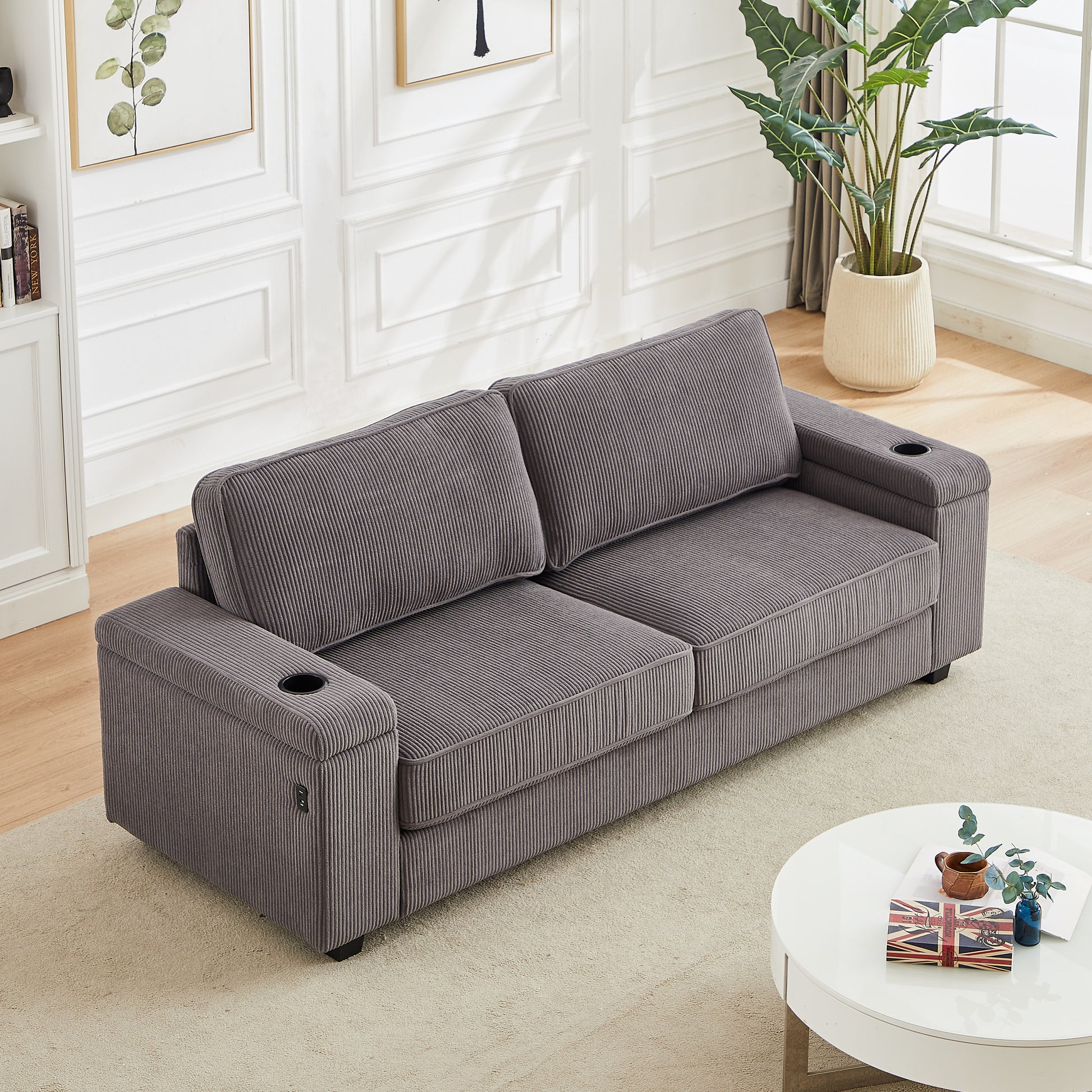 86.5 Inch Sofa Couch Deep Seat Sofa With Two Storage Spaces, T Pyce Charging Portsusb Charging Ports & 2 Cup ,Corduroy 3 Seater Couch, Modern Sofas For Living Room Grey Foam Corduroy 3 Seat