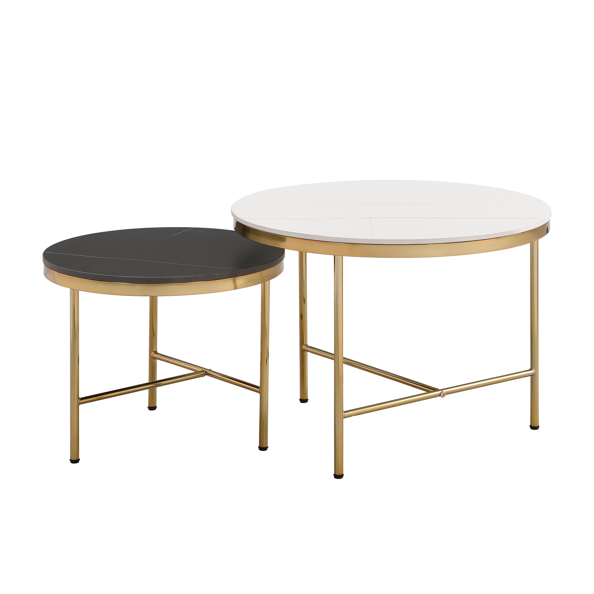 Modern Round Nesting Coffee Table Set 2 Piece Black & White Sintered Stone Top Gold Base In 23.6''&17.7'' Black White Coffee & End Tables Round Metal Sintered Stone T Shape