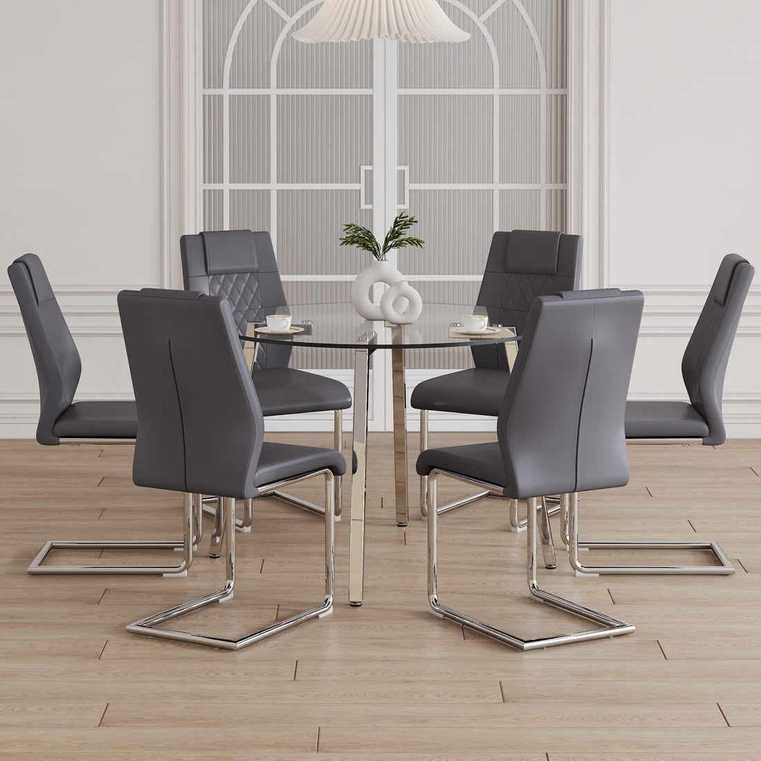 Table And Chair Set.A Modern Minimalist Style Round Clear Tempered Glass Table With Silver Metal Legs.And 6 Dark Gray Chairs With Modern Pu Leather High Back Upholstered And C Tube Chrome Legs. Dark Gray,Silver Seats 6 Glass Metal