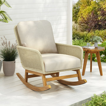 Contemporary Minimalist Ivory Wicker Rocking Chair With Soft Polyester Cushions And Durable Wooden Frame, Perfect For Indoor And Outdoor Spaces Like Patio, Balcony, Or Living Room Ivory Pe Rattan