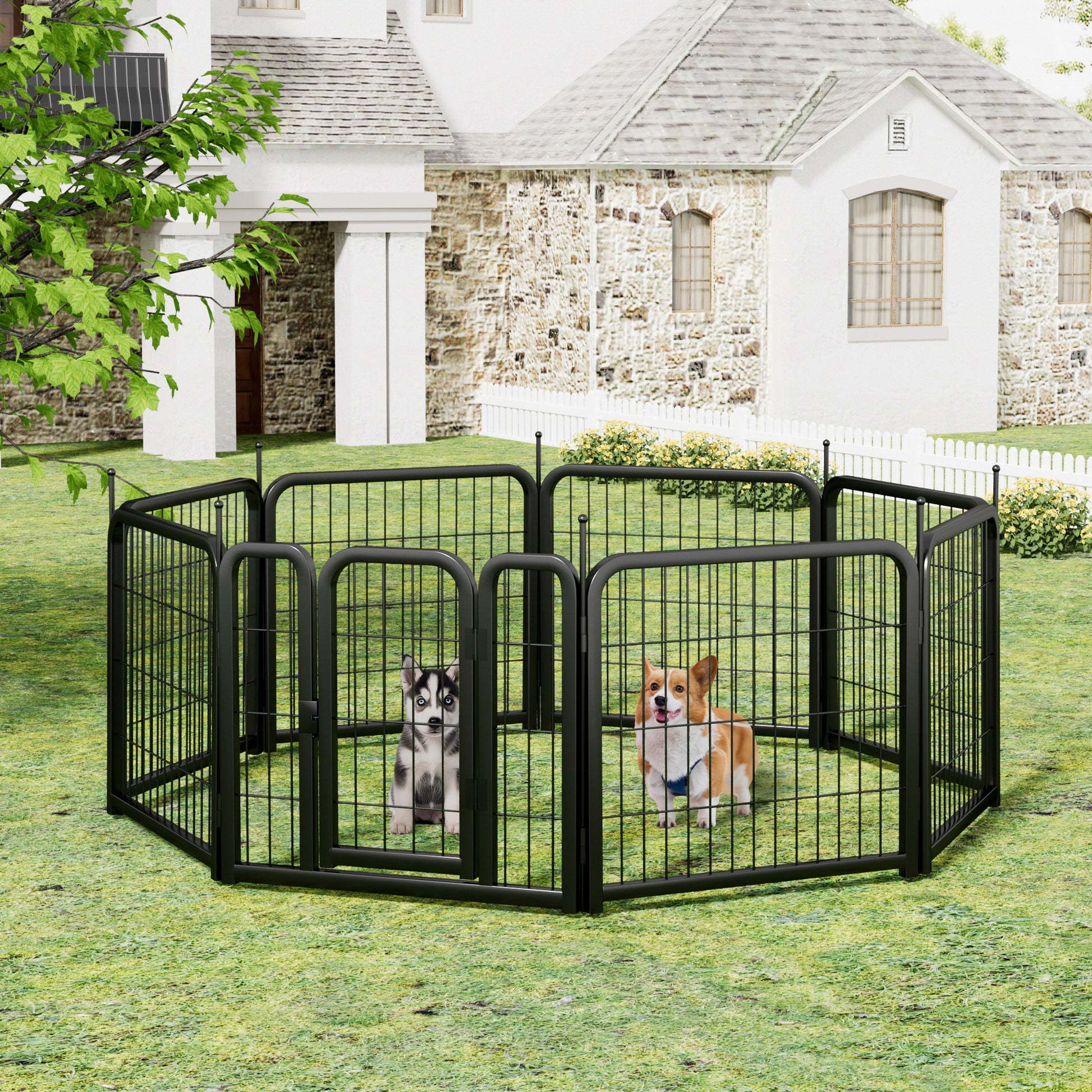 Dog Playpen Outdoor, 8 Panel Dog Fence 24" Pet Pen For Small Dogs Pet Exercise Pen For Puppy Rabbit Small Animals Portable Playpen For Rv Camping Garden Yard, Indoor. Black, 22.2'' W X 23.6'' H. Black Iron