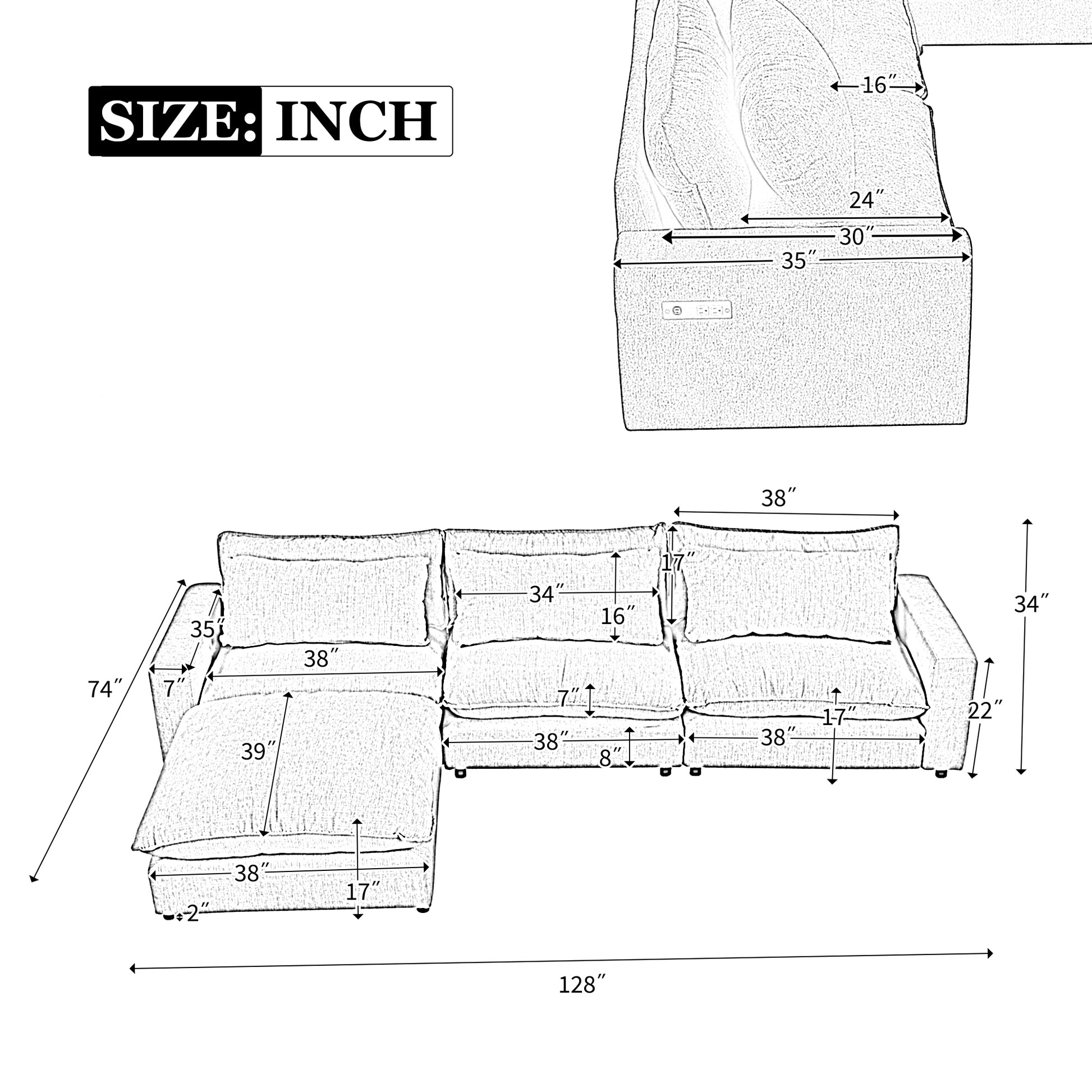 128" Sectional Sofa Cloud Sofa Chenille Upholstered Sofa Couch With Movable Ottoman, Comfortable Seat Cushions, Charging Ports And Three Back Pillows For Living Room, Grey Grey Foam Chenille 4 Seat