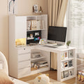 L Shaped Desk With Charger,Computer Desk With Drawers,Bookshelf & Hutchwith Led Light,Modern Corner Desk,Home Office Desk,L Shaped Study Table Writing Desk,Corner Gaming Computer Desk With Storage White Mdf