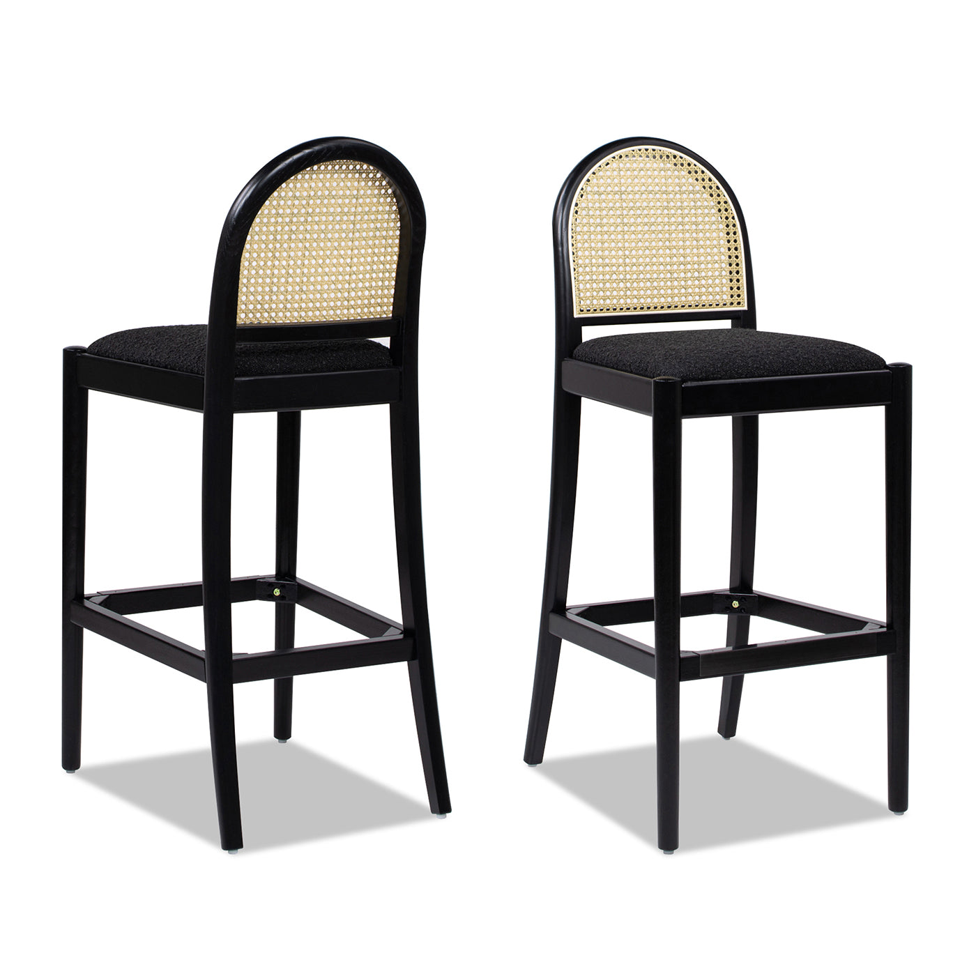 Panama 30.5" Curved Back Cane Rattan Bar Stool, Set Of 2, Ebony Black Boucle Black Foam Wood Fabric Rattan