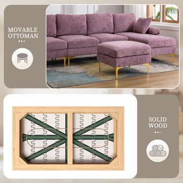 Coolmore U Shape Sectional Sofa With Ottomanreversible Sofa Couch For Living Room,Spacious Furniture,Durable Couch Removable And Machine Washable Cover Purple Velvet Purple Primary Living Space Foam Velvet 4 Seat