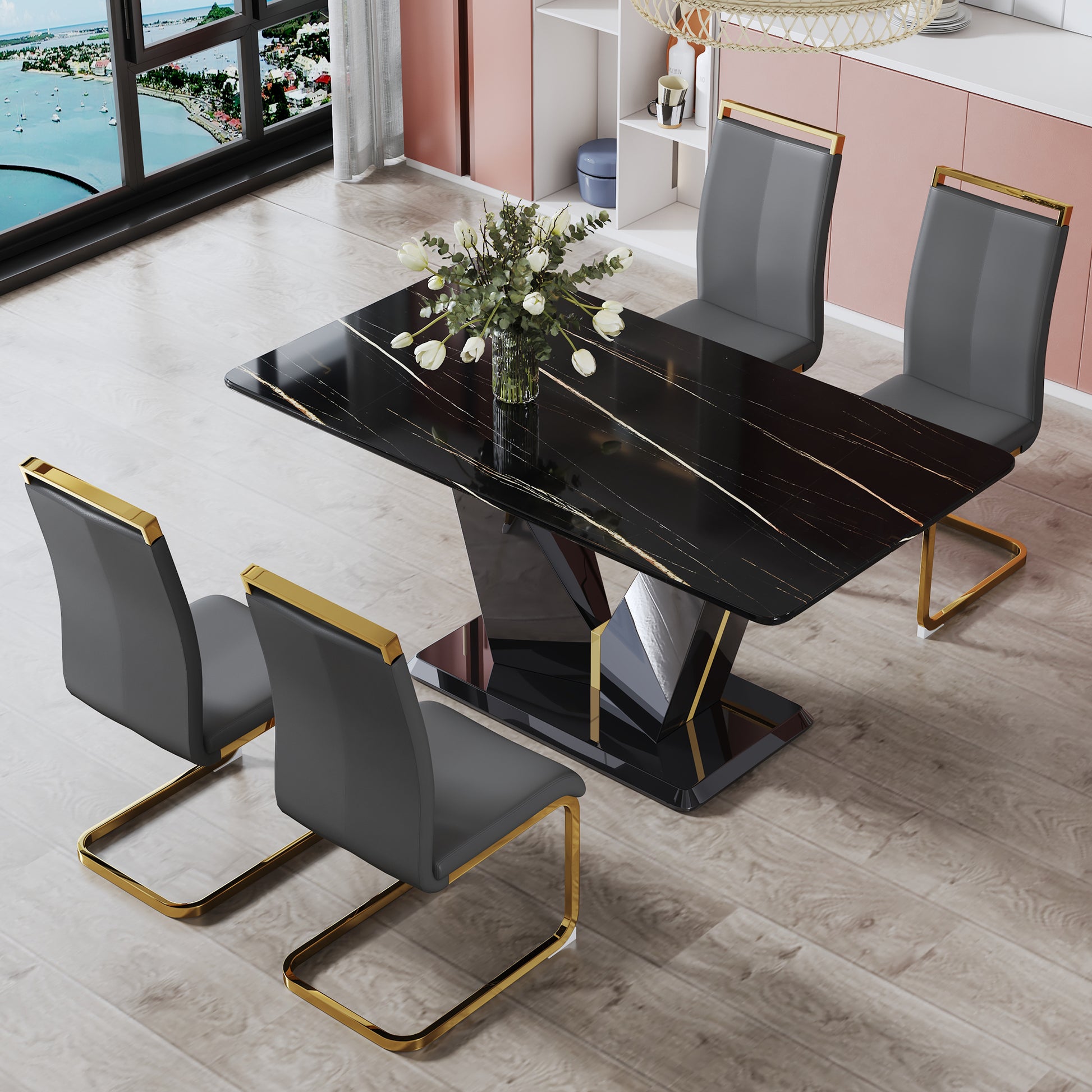 Table And Chair Set,Modern Minimalist Rectangular Dining Table, 0.4 Inch Thick, With A Black Imitation Marble Pattern Desktop And Black Mdf Legs. Comfortable Pu Seats,Perfect For Dinner, Meet Grey Black Seats 4 Mdf Glass