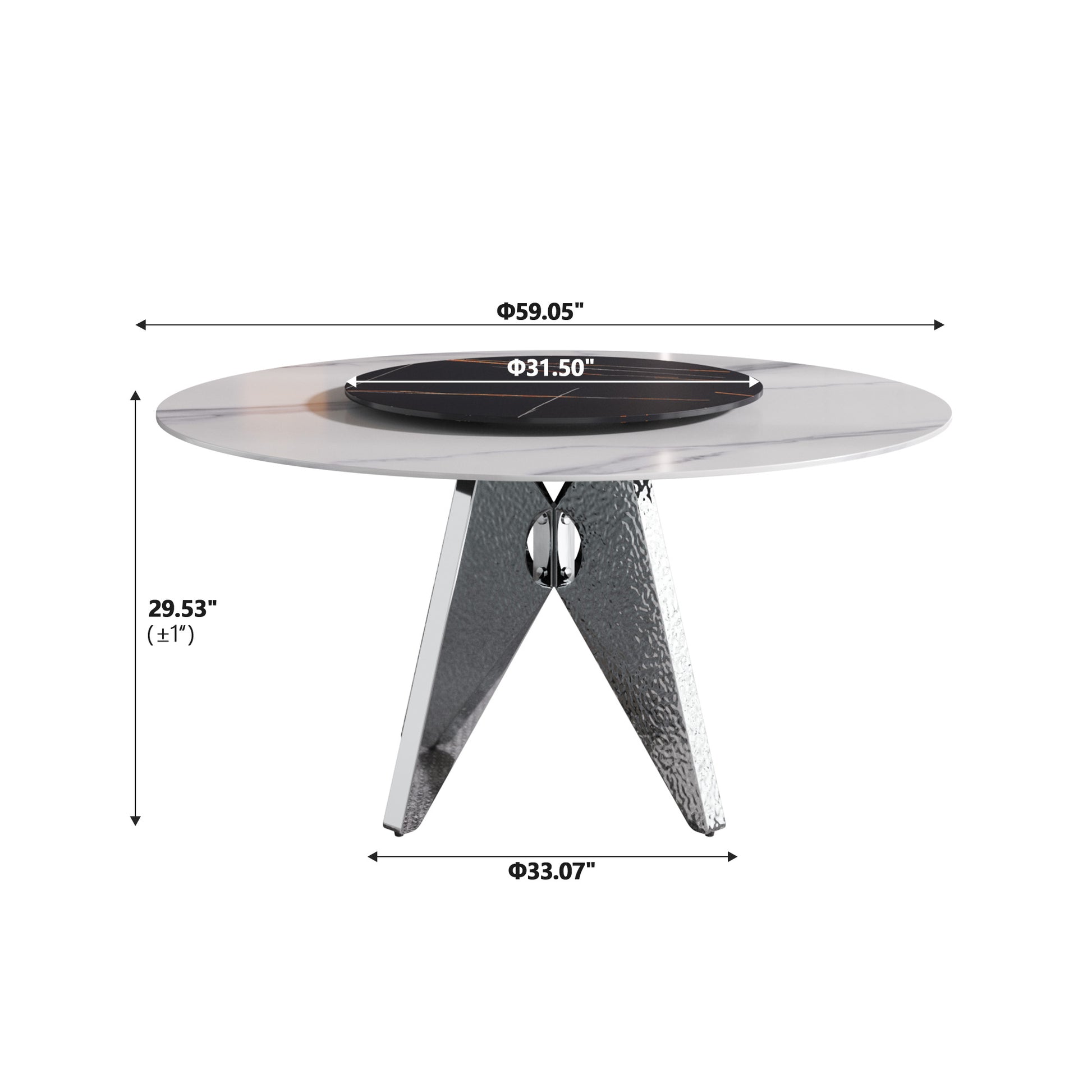 59.05" Round Marble Dining Table With Silver Stainless Steel Design Base, Artificial Marble For 6 8 People, 31.5"Black Artificial Stone Turntable,White&Black Dining Table Only Black,Silver,White