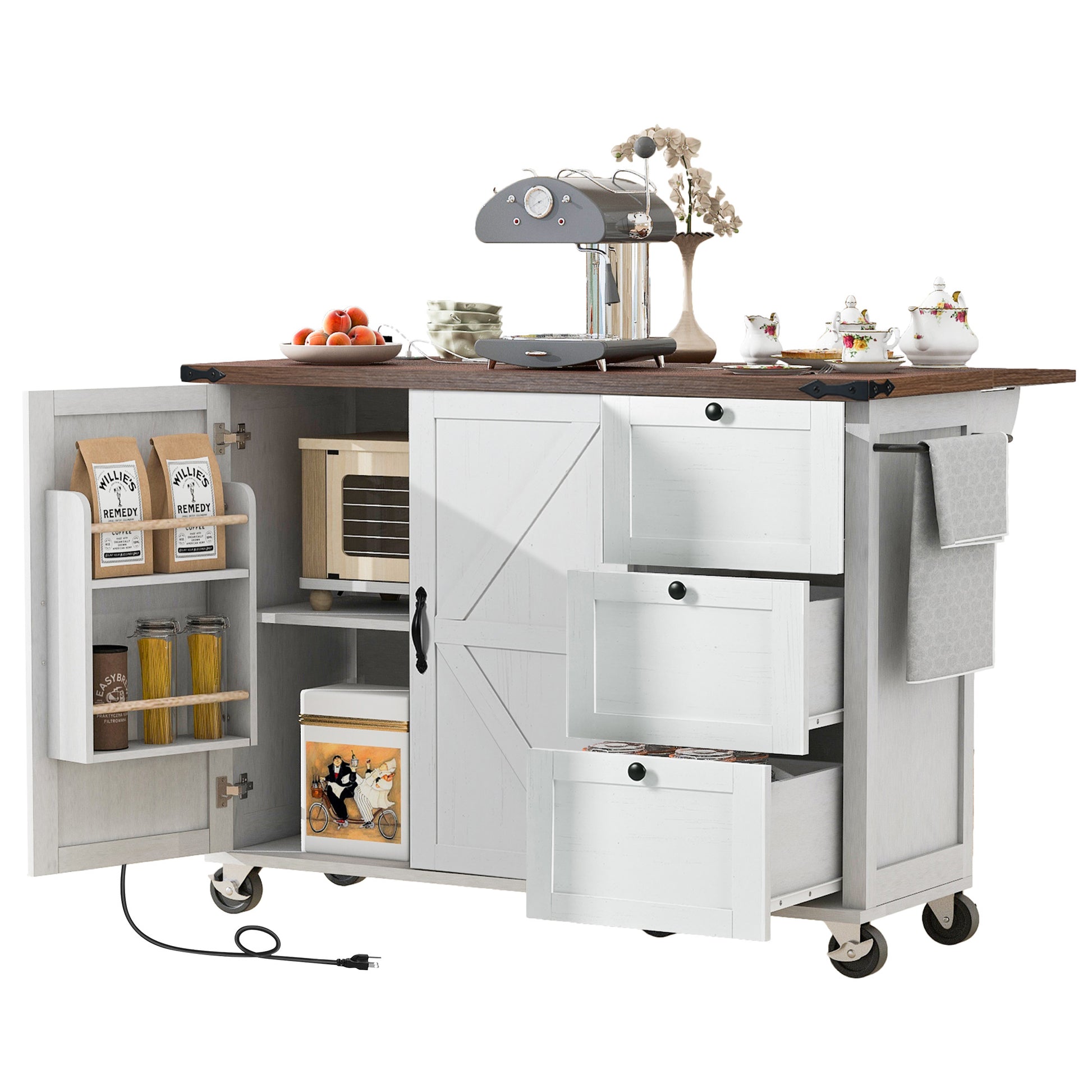 K&K 54.5" Farmhouse Kitchen Island With Power Outlet, Kitchen Storage Island With Internal Storage Rack, Drop Leaf, Spice Rack, Rolling Kitchen Cart On Wheels, For Home, Kitchen And Dining