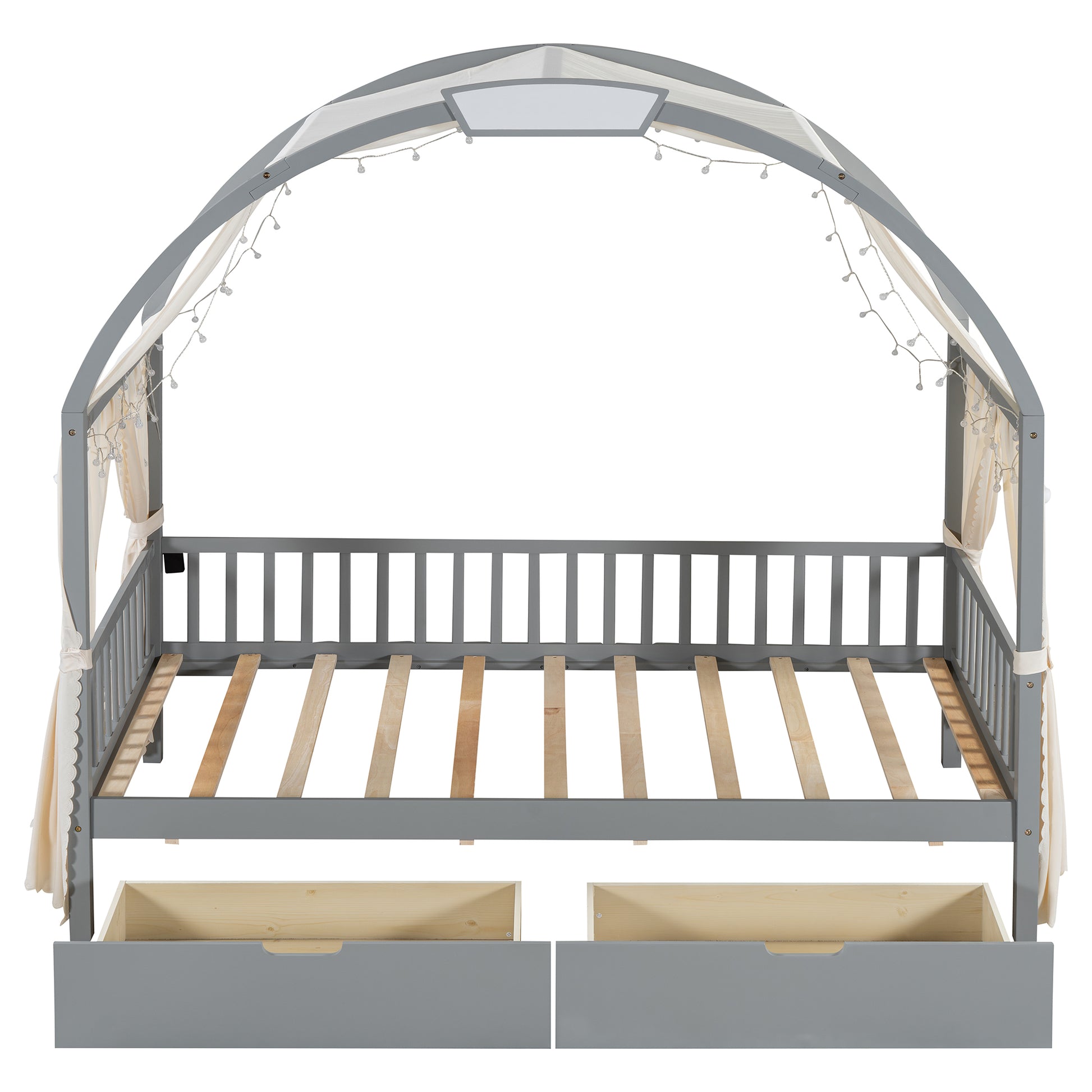 Twin Size Bed With Arched Roof And 2 Drawers, Gray Twin Gray Plywood