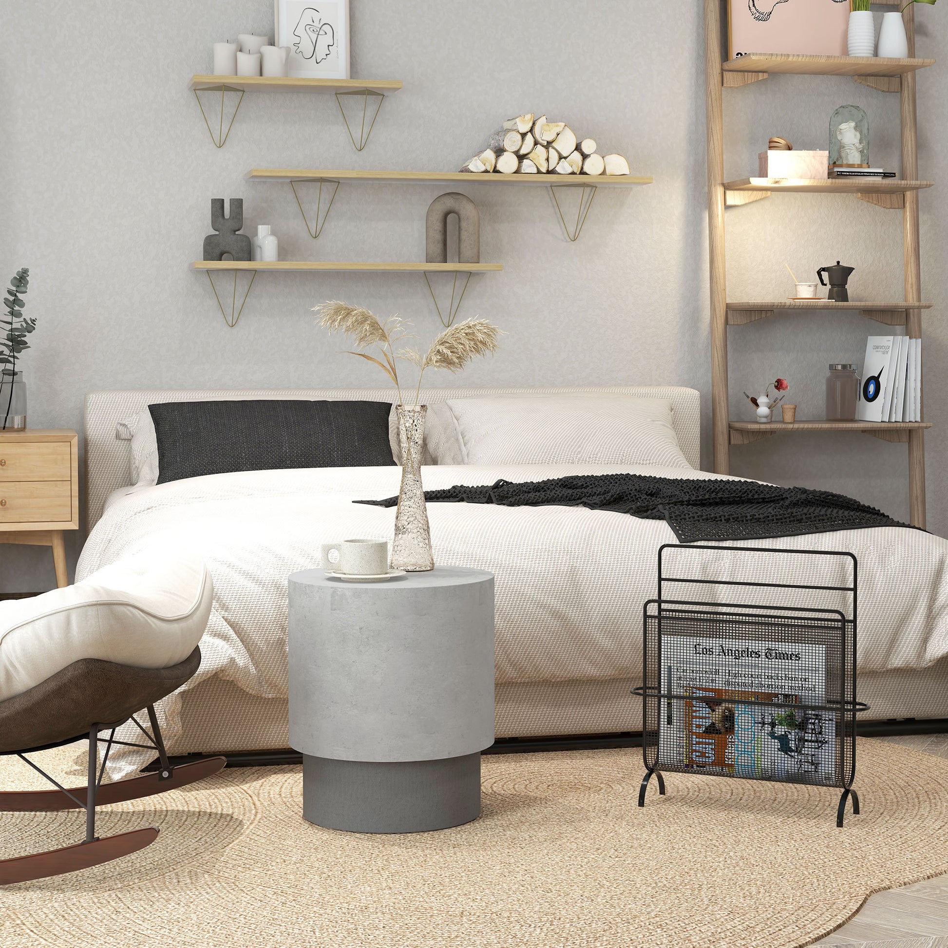 Homcom Concrete Finish End Table, Round Side Table With 4 Adjustable Feet, Lightweight For Indoor, Outdoor, Gray Grey Wood
