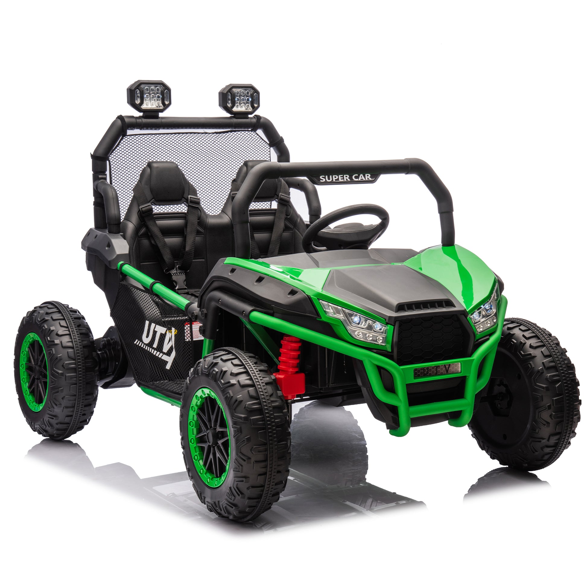 24V Two Seater Kids Ride On Utv W Parents Control,400W Super Power,Four Wheel Suspension,Led Light With Rear Searchlight,Bluetooth,Mp3,Music,Rear Storage Space,Speeds 3.73 4.97Mph For Kids Aged 3 . Green 50 99 Lbs Polypropylene