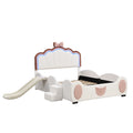 Full Size Upholstered Led Light Platform Bed With Shell Headboard And Children'S Slide, Pink Box Spring Not Required Full Pink White Wood Bedroom Bed Frame Faux Leather Upholstered