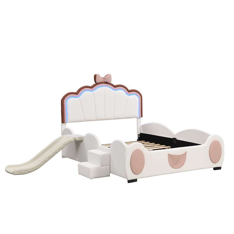 Full Size Upholstered Led Light Platform Bed With Shell Headboard And Children'S Slide, Pink Box Spring Not Required Full Pink White Wood Bedroom Bed Frame Faux Leather Upholstered