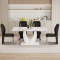 Table And Chair Set, Modern Luxurious White Imitation Marble Pattern Mdf Dining Table,Rectangular Dining Table, Matched With Uniquely Shaped Pu High Backrest Seats,Suitable For Various Occasions. White Black Seats 4 Mdf