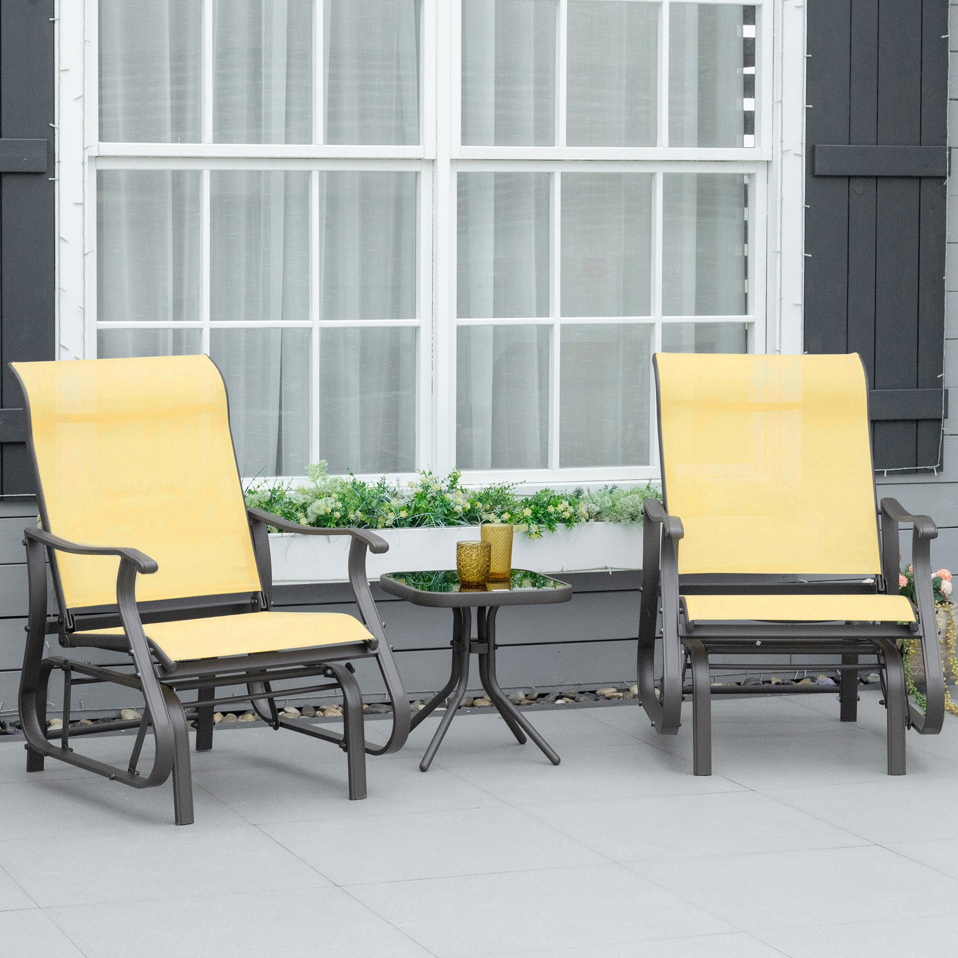 Outsunny 3 Piece Outdoor Gliders Set Bistro Set With Steel Frame, Tempered Glass Top Table For Patio, Garden, Backyard, Lawn, Beige Beige Fabric Metal