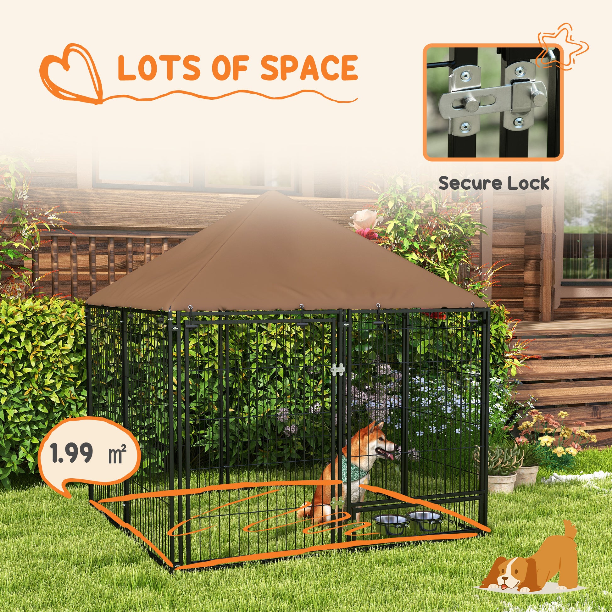 Pawhut Outside Dog Kennel, 4.6' X 4.6' X 5' Puppy Play Pen With Canopy, Garden Playpen Fence Crate Enclosure Cage Rotating Bowl, Black Black Steel