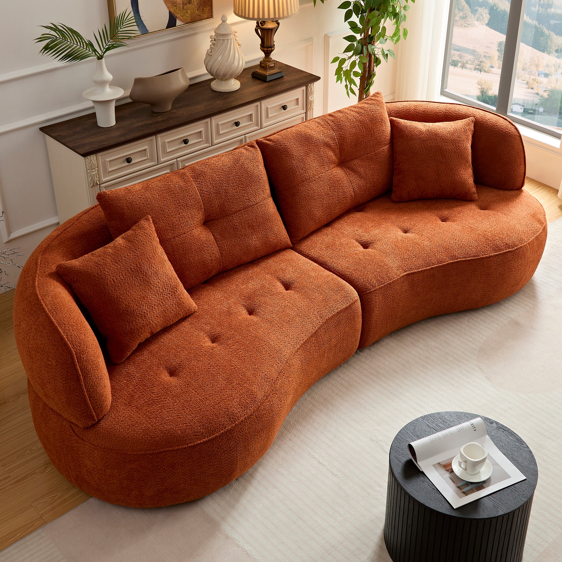 Wks7C Orange Sectional Sofa With Removable Pillows, Durable Fabric, Solid Wood Frame, High Density Sponge Filler Orange Fabric 4 Seat