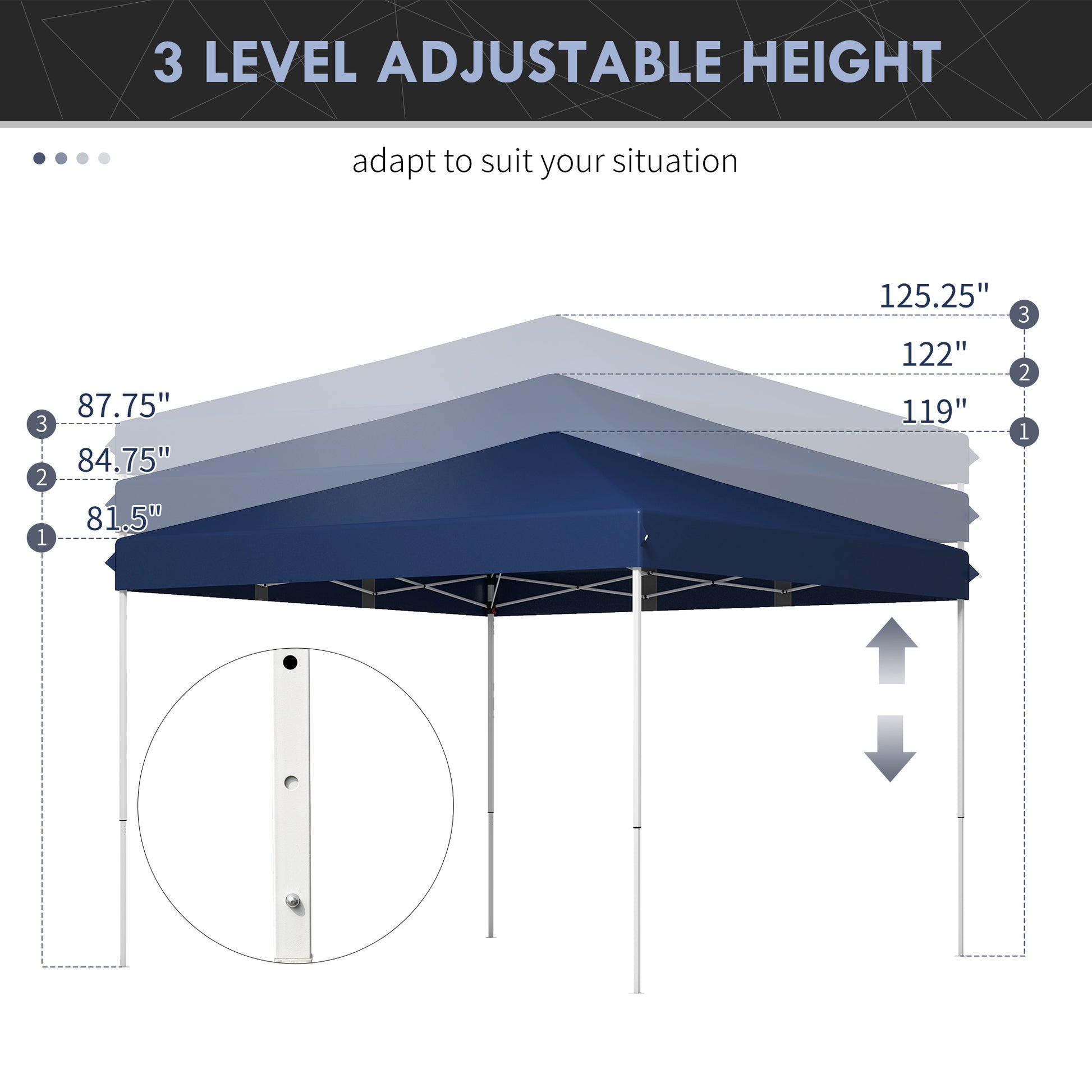 Outsunny 13' X 13' Pop Up Canopy Tent, Instant Sun Shelter, Tents For Parties, Height Adjustable, With Wheeled Carry Bag For Outdoor, Garden, Patio, Parties, Dark Blue Dark Blue Steel