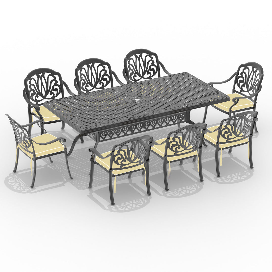 Cushions In Random Colors 9 Piece Set Of Cast Aluminum Patio Furniture With Cushions Yes Dining Set Black Seats 8 Rust Resistant Frame Water Resistant Cushion Garden & Outdoor Complete Patio Sets Aluminium