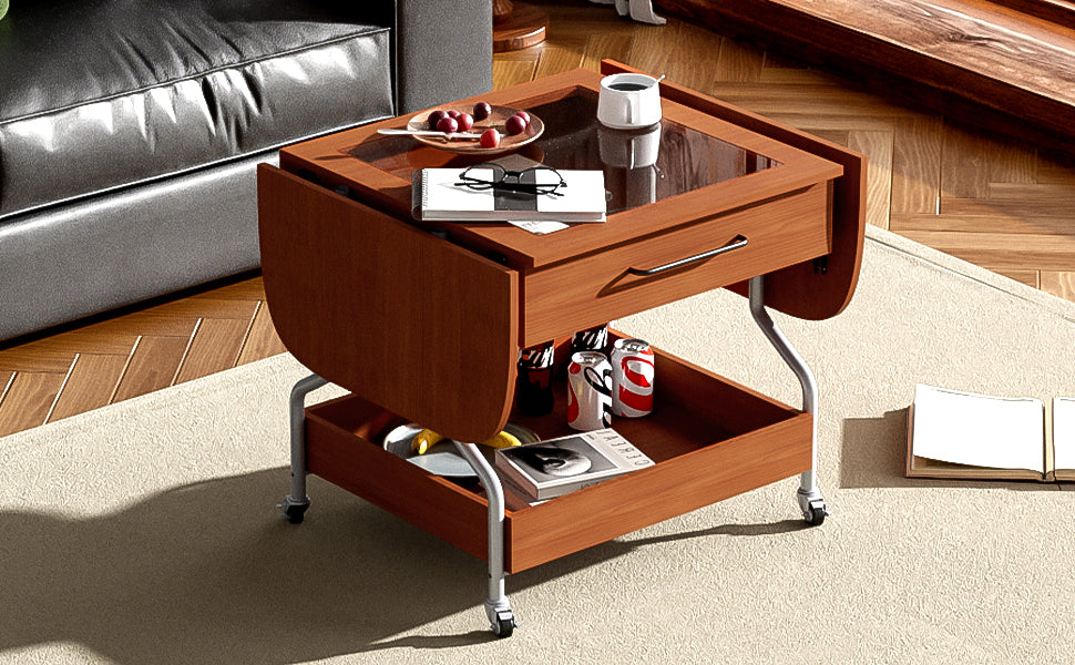 Modern Extended Coffee Table With Wheels, Folding Coffee Table With 1 Drawer And 2 Tier Storage, Metal Frame Coffee Table For Living Room Mahogany Glass,Mdf Metal