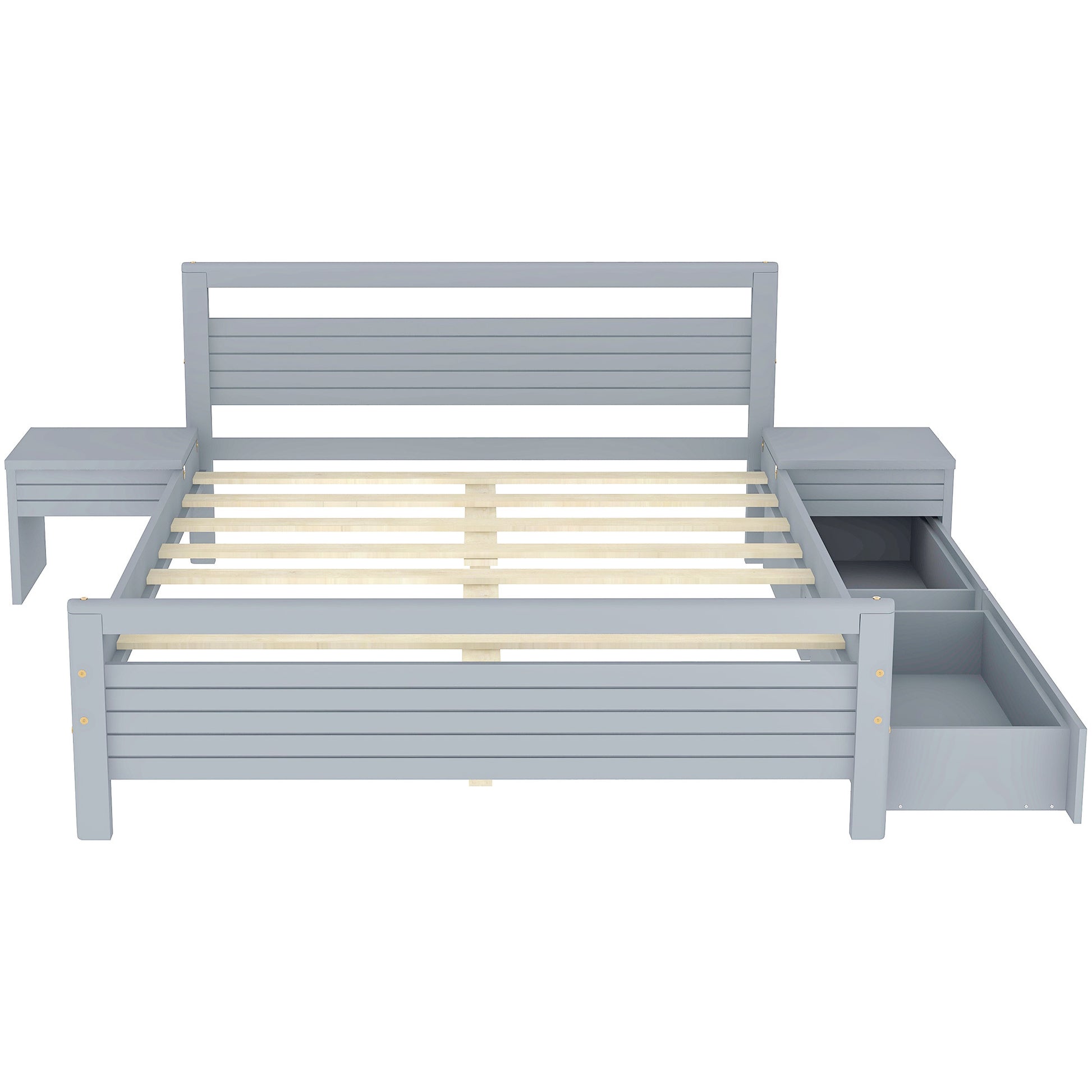 Queen Size Wooden Platform Bed With 2 Storage Drawers And 2 Bedside Tables, Gray Queen Gray Pine