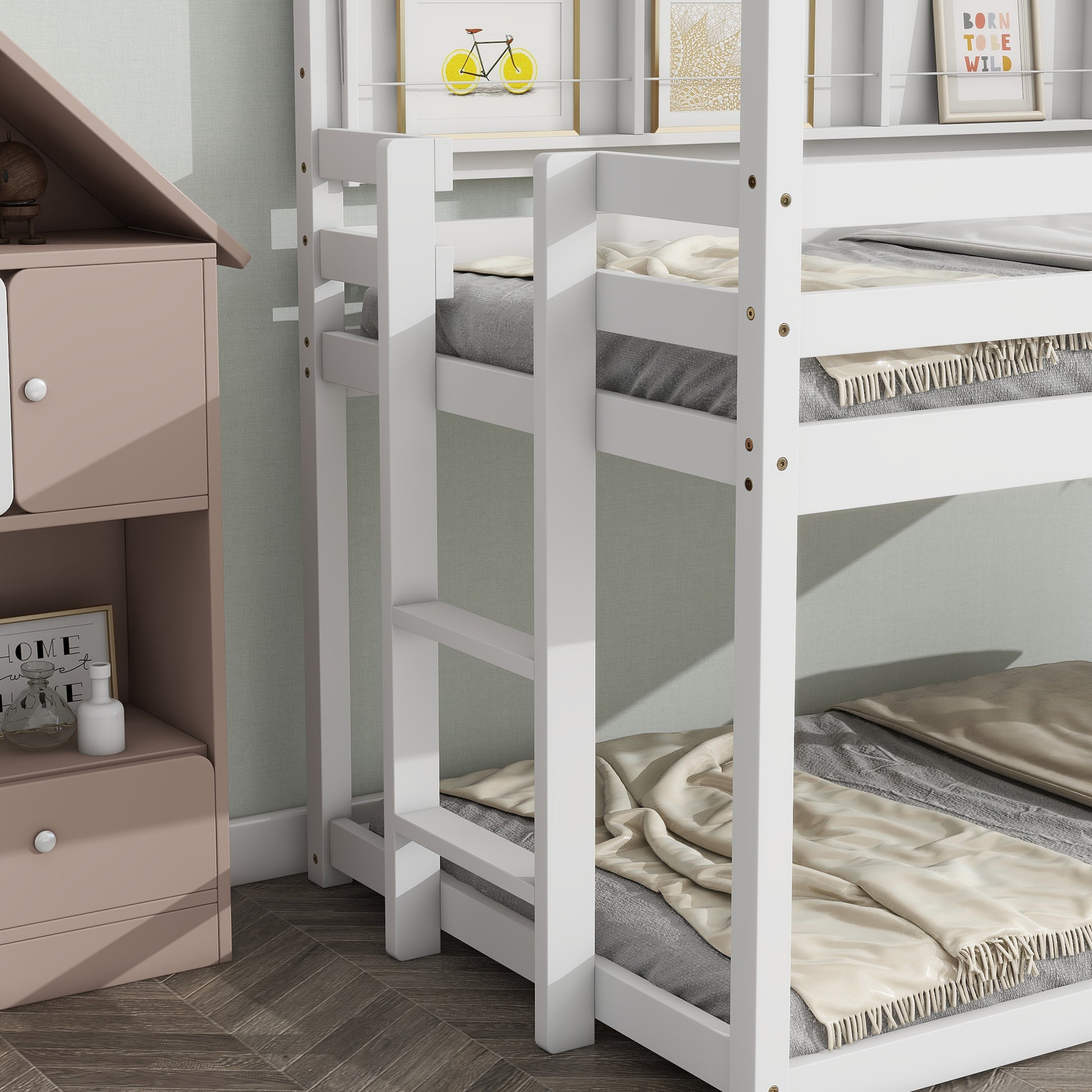 Twin House Loft Bed With Guardrails, Semi Enclosed Roof, Bedside Shelves And Ladder, White Twin White Bedroom American Design Pine Pine