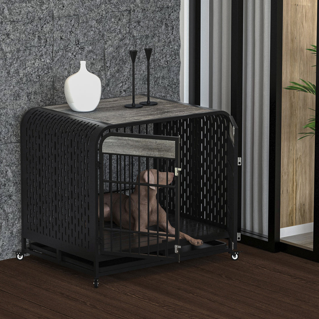 Heavy Duty Dog Crate Furniture Wooden Table Pet Dog Cage Kennel House Indoor Side End Table Decor With Removable Trays And Lockable Wheels For Medium And Large Dogs 42" Grey Grey Outdoor Kennel Large 41 70 Lbs Mdf Steel