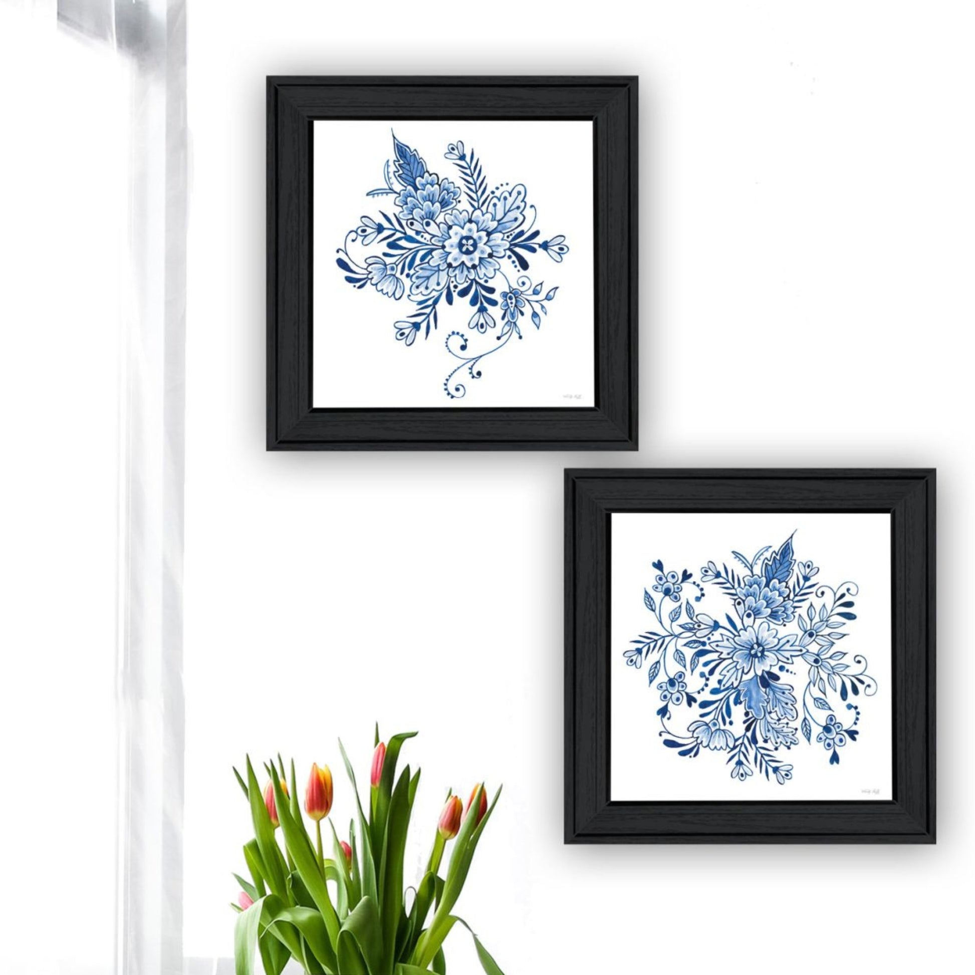 "Delph Designs Of Blue And White Florals" Framed Wall Art For Living Room, Wall Art Print For Home Decor, Bedroom Wall Art By Cindy Jacobs Multicolor Wood Paper