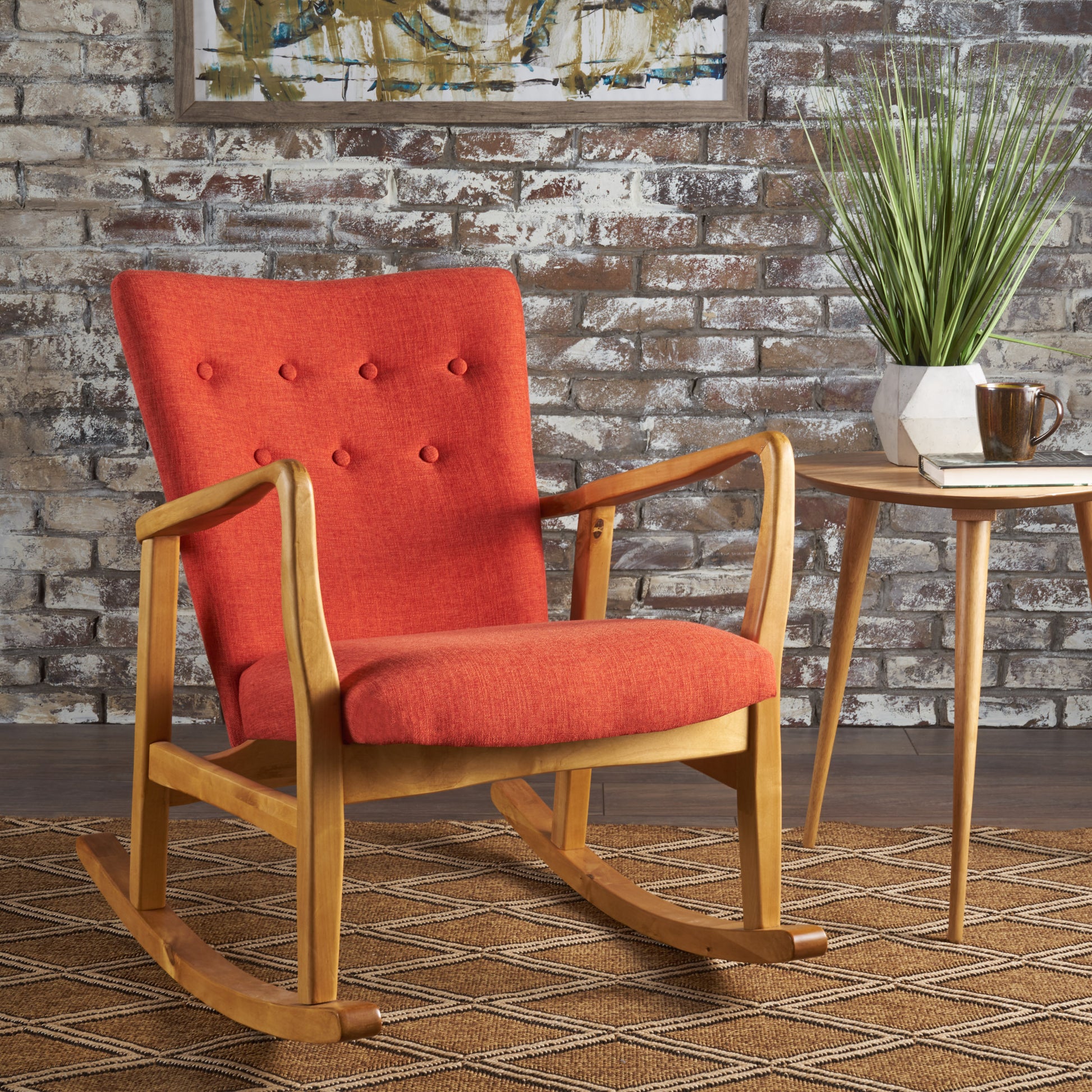 Solid Wood Rocking Chair Orange Fabric