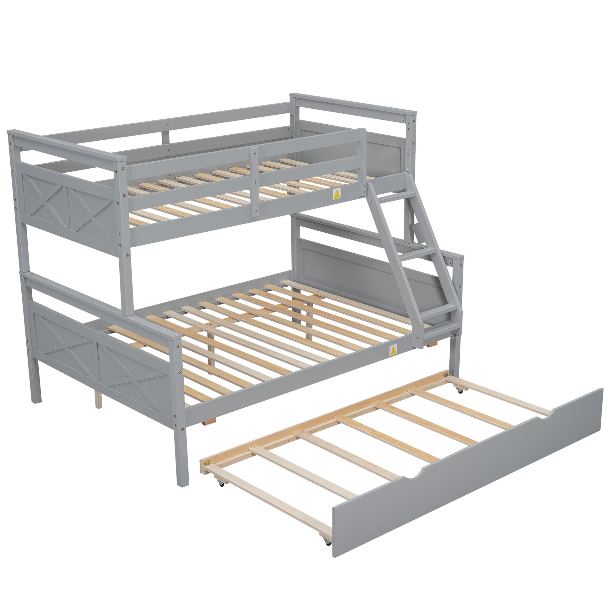 Twin Over Full Bunk Bed With Ladder, Twin Size Trundle, Safety Guardrail, Gray Box Spring Not Required Twin Gray Wood Bedroom Bunk Pine