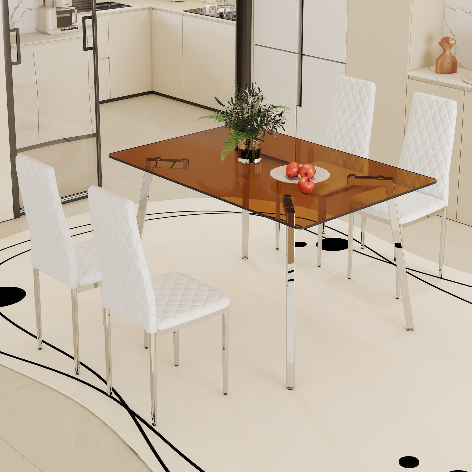 Table And Chair Set.Large Modern Rectangular Table With Brown Glass Top And Silver Metal Legs. Paired With 4 White Chairs With Checkered Armless High Back Pu Cushion And Silver Metal Legs. Silver,White Seats 4 Glass Metal