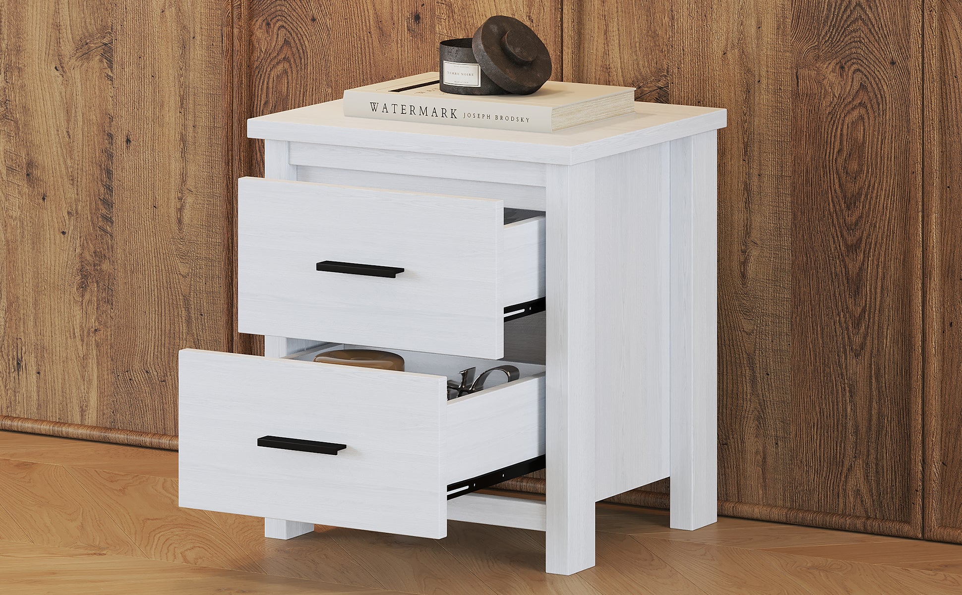Vintage Two Drawer Wooden Nightstand, Simple And Generous, Large Storage Space,White White Particle Board Mdf