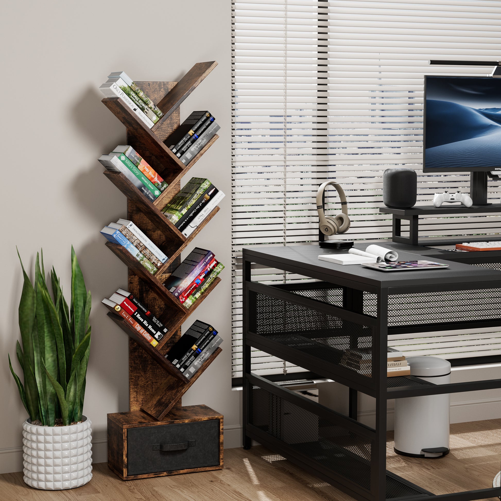 9 Tier Tree Bookshelf With Drawer Bookcase, Modern Book Storage, Free Standing Tree Bookcase, Utility Organizer Shelves For Home Office, Living Room, Bedroom, Rustic Brown Deep Rustic Brown Metal
