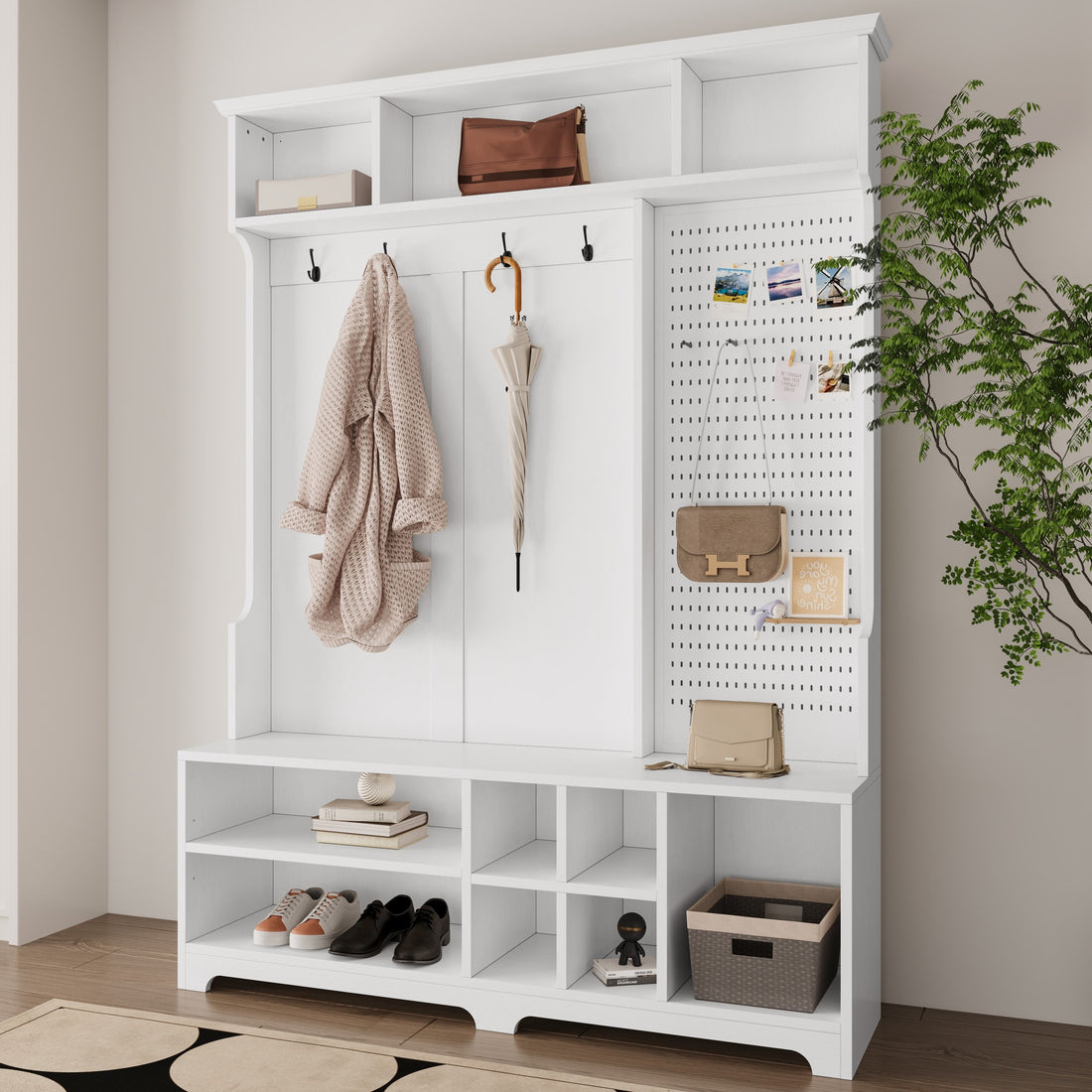 Hall Tree With Shoe Bench, Coat Rack ,Shoe Storage ,Storage Shelves And Pegboard, For Hallways, Halls And Bedrooms, White White Mdf Metal