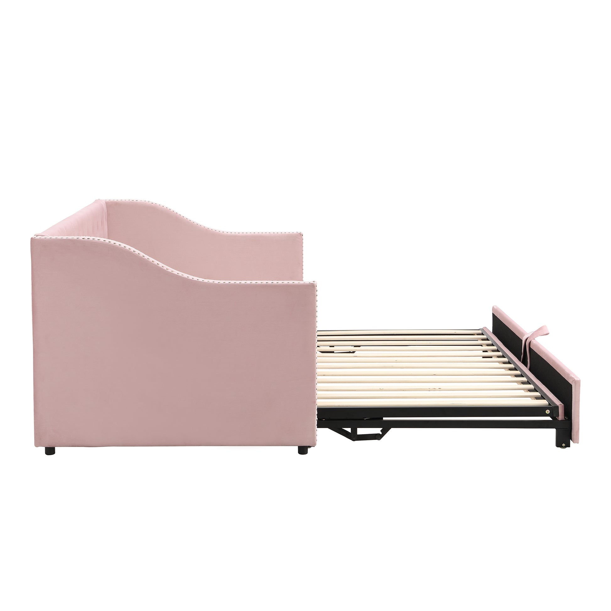 Twin Size Upholstered Daybed With Pop Up Trundle, Pink Twin Pink Upholstered