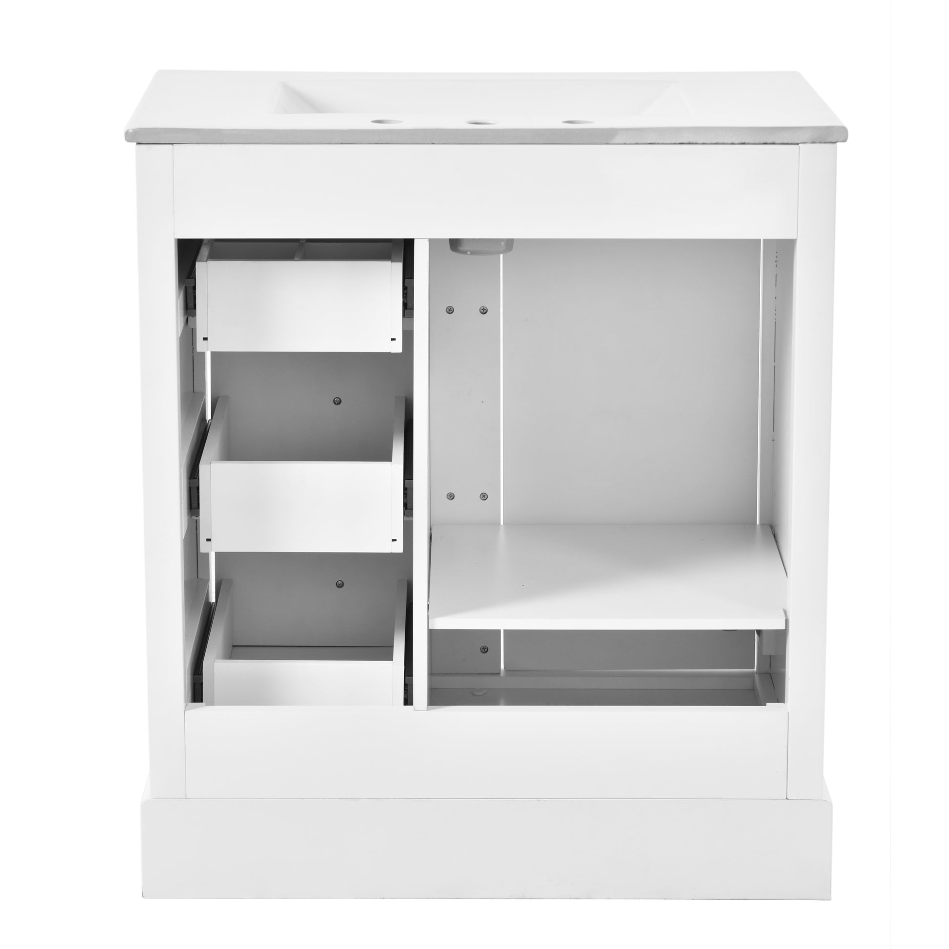 30 Inch Bathroom Vanity Cabinet With Ceramic Basin, 3 Drawers And Adjustable Shelves White Bathroom Solid Wood Mdf